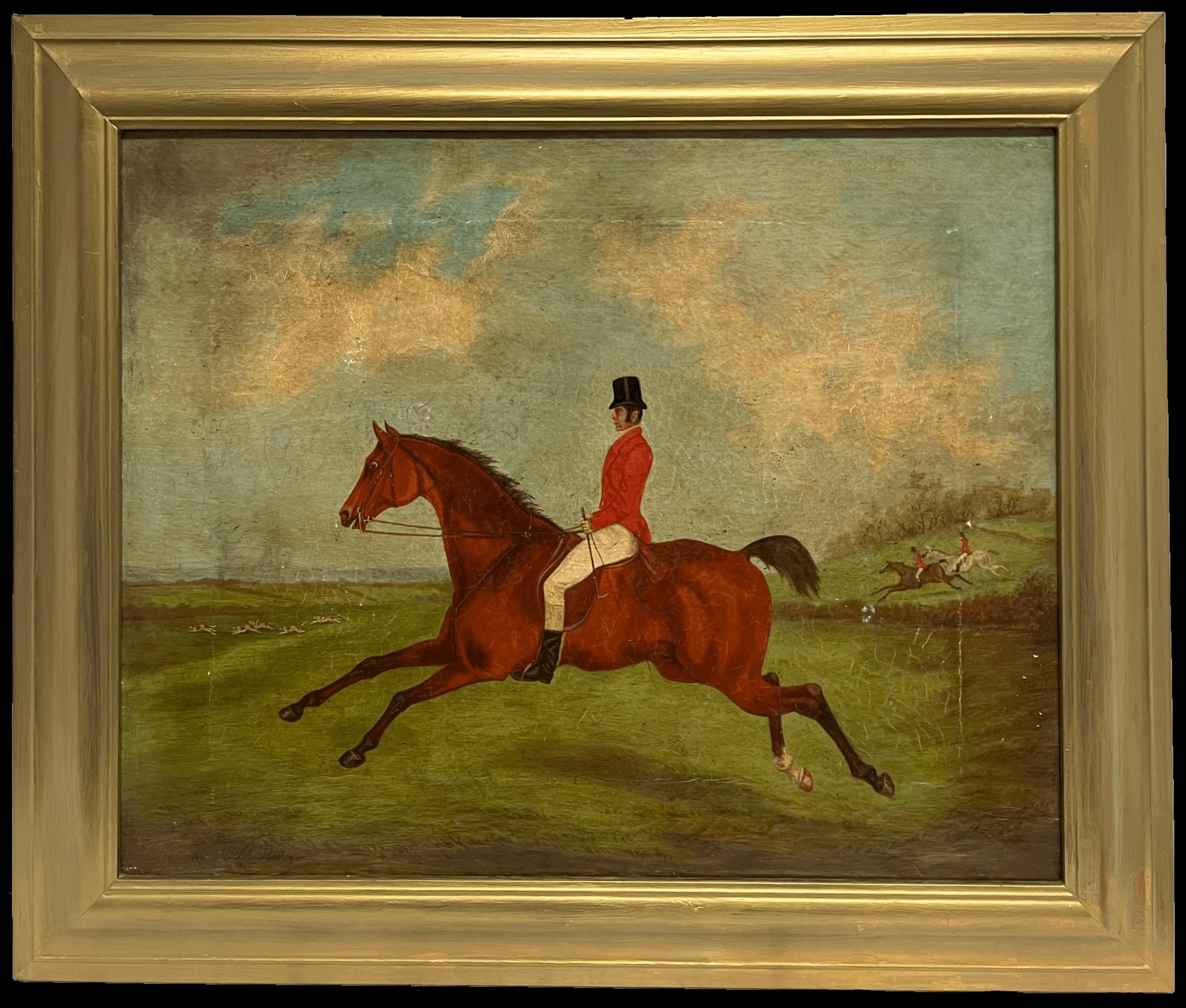 Antique English Hunting Scene Oil Painting Huntsman on Horseback, framed