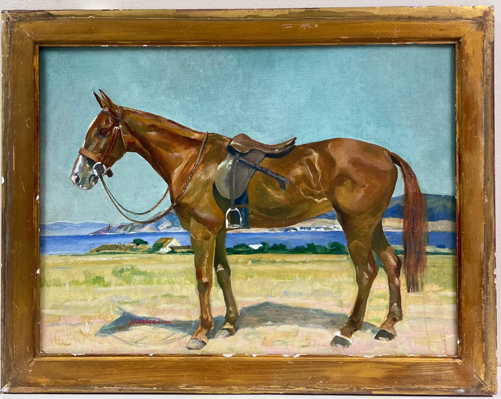 Pintura al óleo de arte deportivo inglés de los años 50 Retrato de caballo en un paisaje - Painting de English Sporting Artist