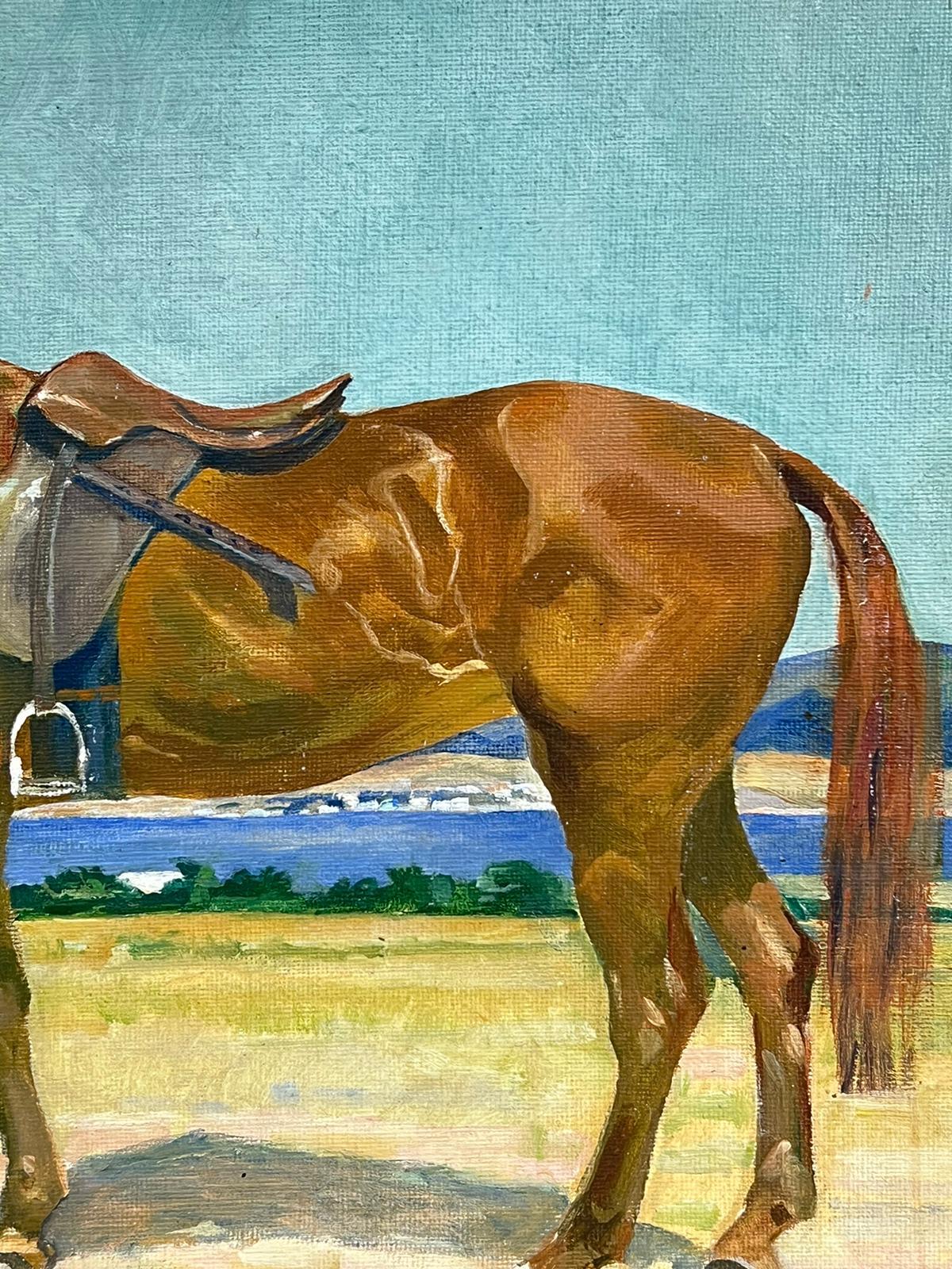 Pintura al óleo de arte deportivo inglés de los años 50 Retrato de caballo en un paisaje - Painting Escuela inglesa de English Sporting Artist