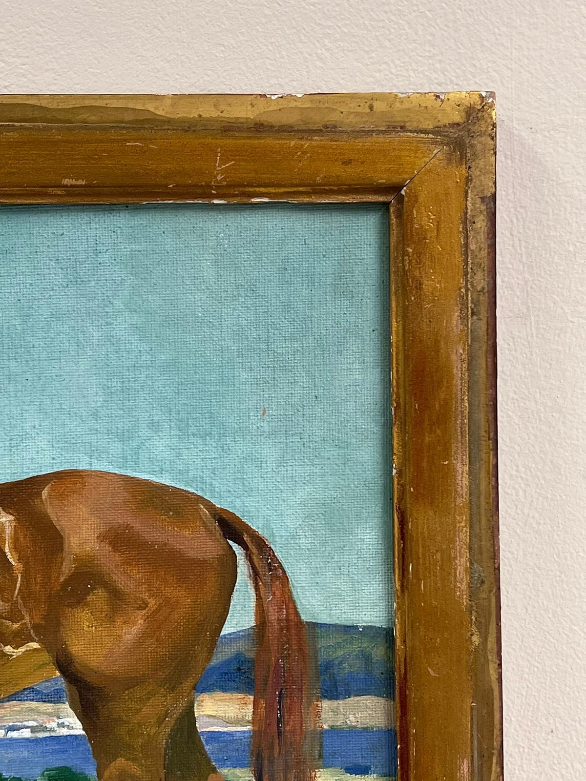 Pintura al óleo de arte deportivo inglés de los años 50 Retrato de caballo en un paisaje - Animal Painting Gris de English Sporting Artist