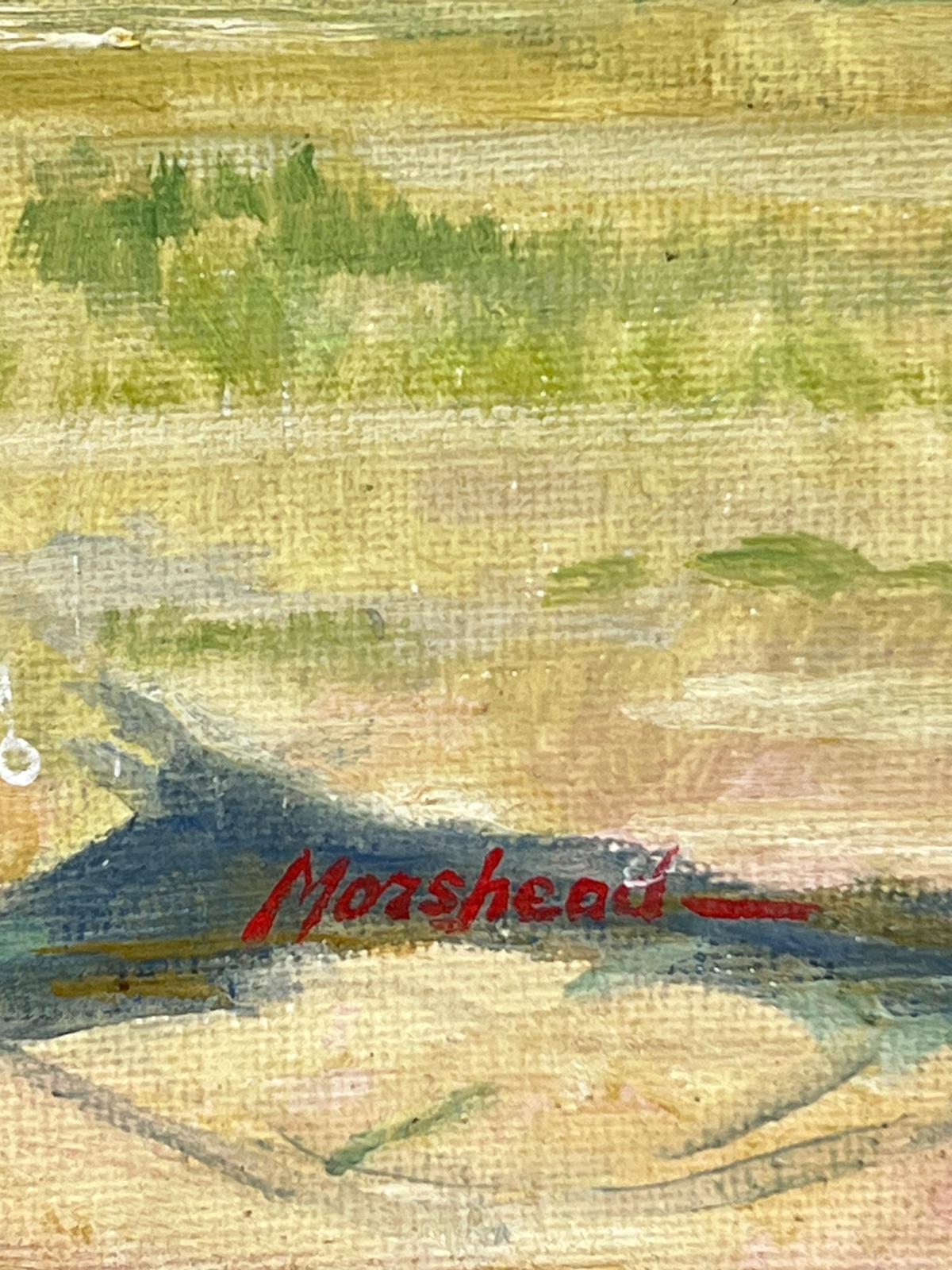 Pintura al óleo de arte deportivo inglés de los años 50 Retrato de caballo en un paisaje en venta 1