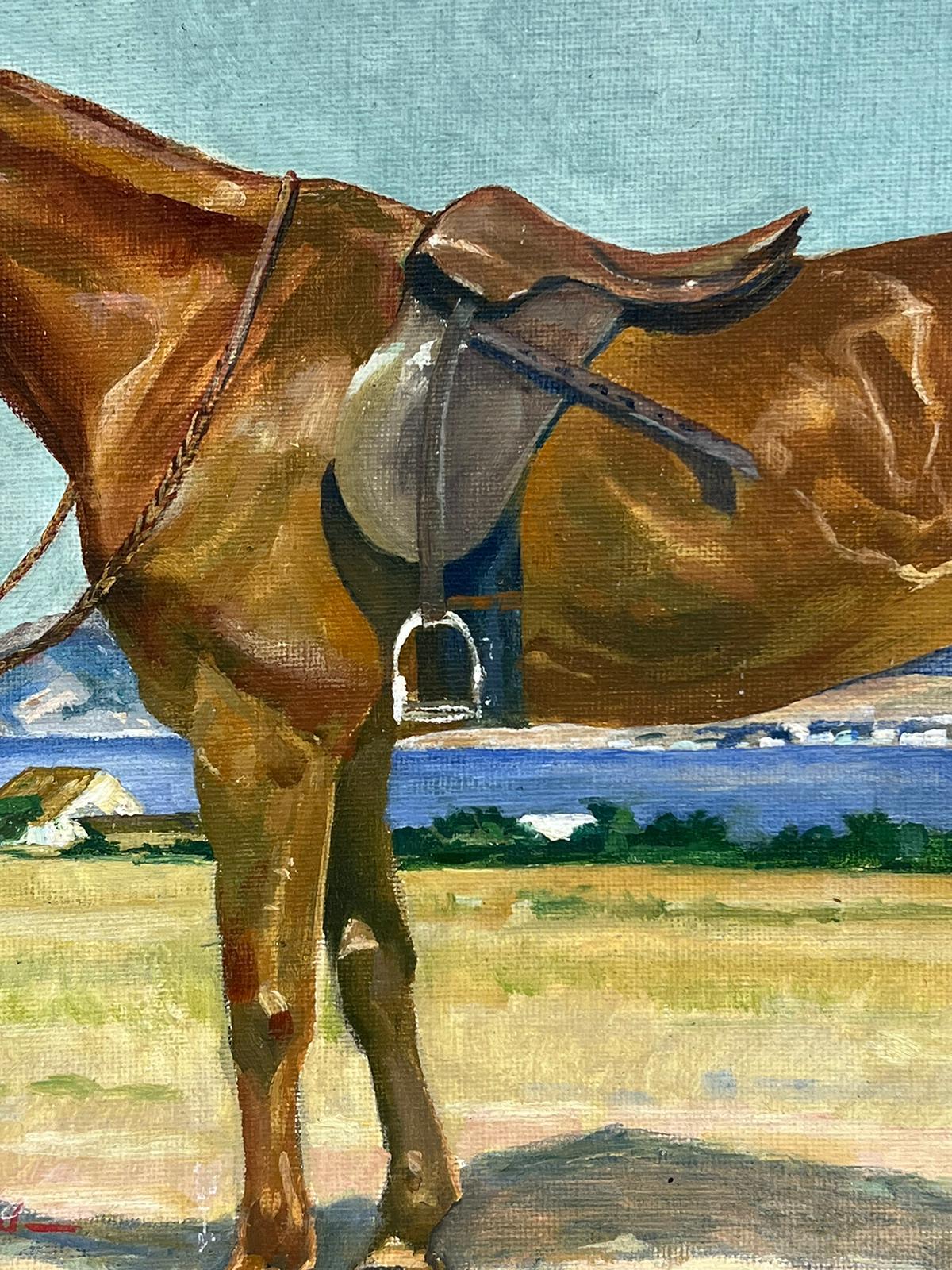 Pintura al óleo de arte deportivo inglés de los años 50 Retrato de caballo en un paisaje en venta 2