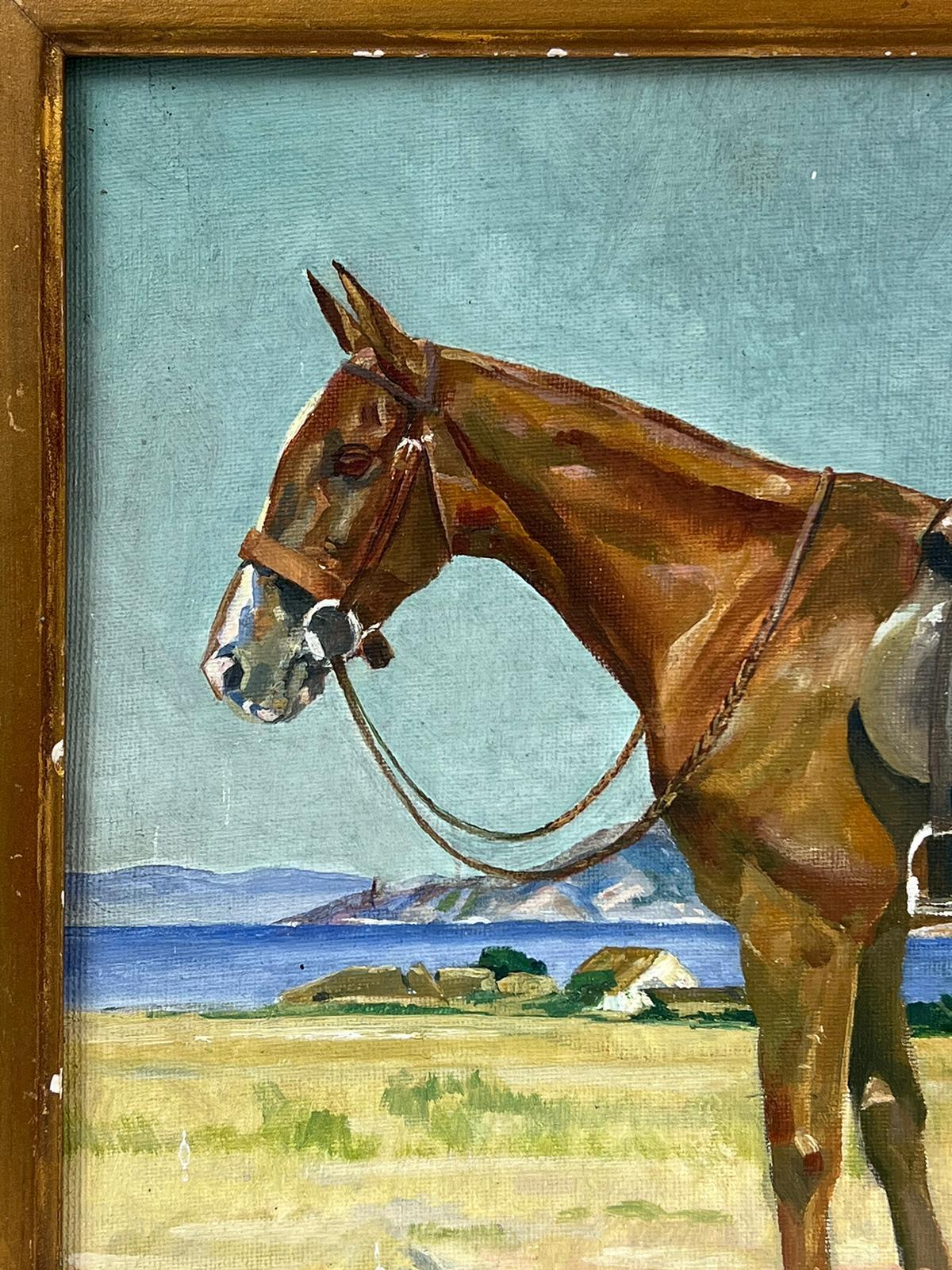 Pintura al óleo de arte deportivo inglés de los años 50 Retrato de caballo en un paisaje en venta 3