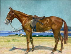Vintage English 1950's Sporting Art Oil Painting Portrait of Horse in Landscape