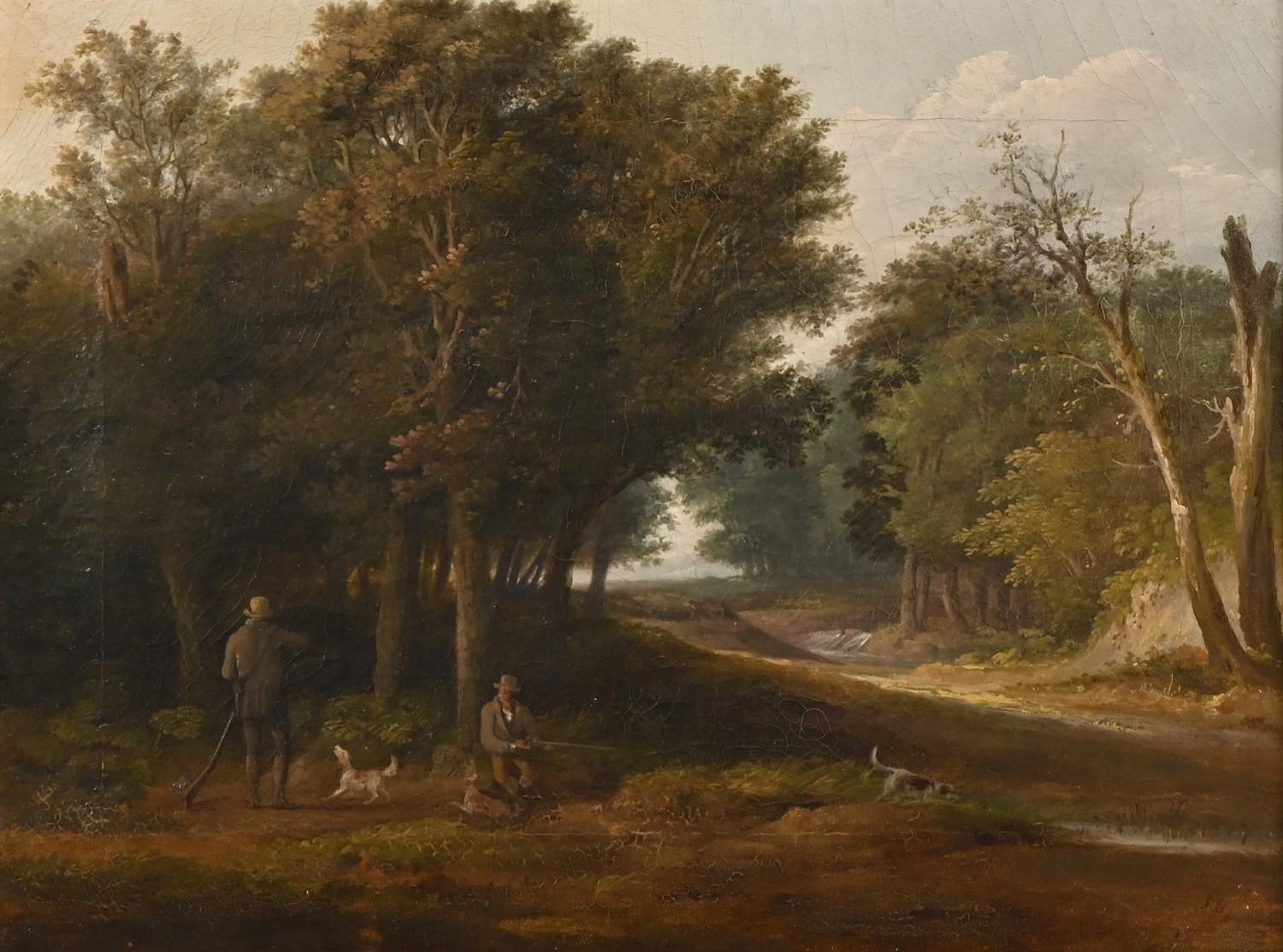 Fine 1830's English Sporting Art Country House Painting Shooting Gentlemen Woods - Brown Landscape Painting by English Sporting Artist