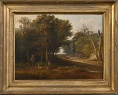 Antique Fine 1830's English Sporting Art Country House Painting Shooting Gentlemen Woods