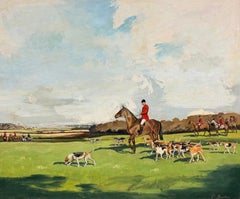 Fine English Traditional British Hunting Scene with Hounds Signed Oil Painting