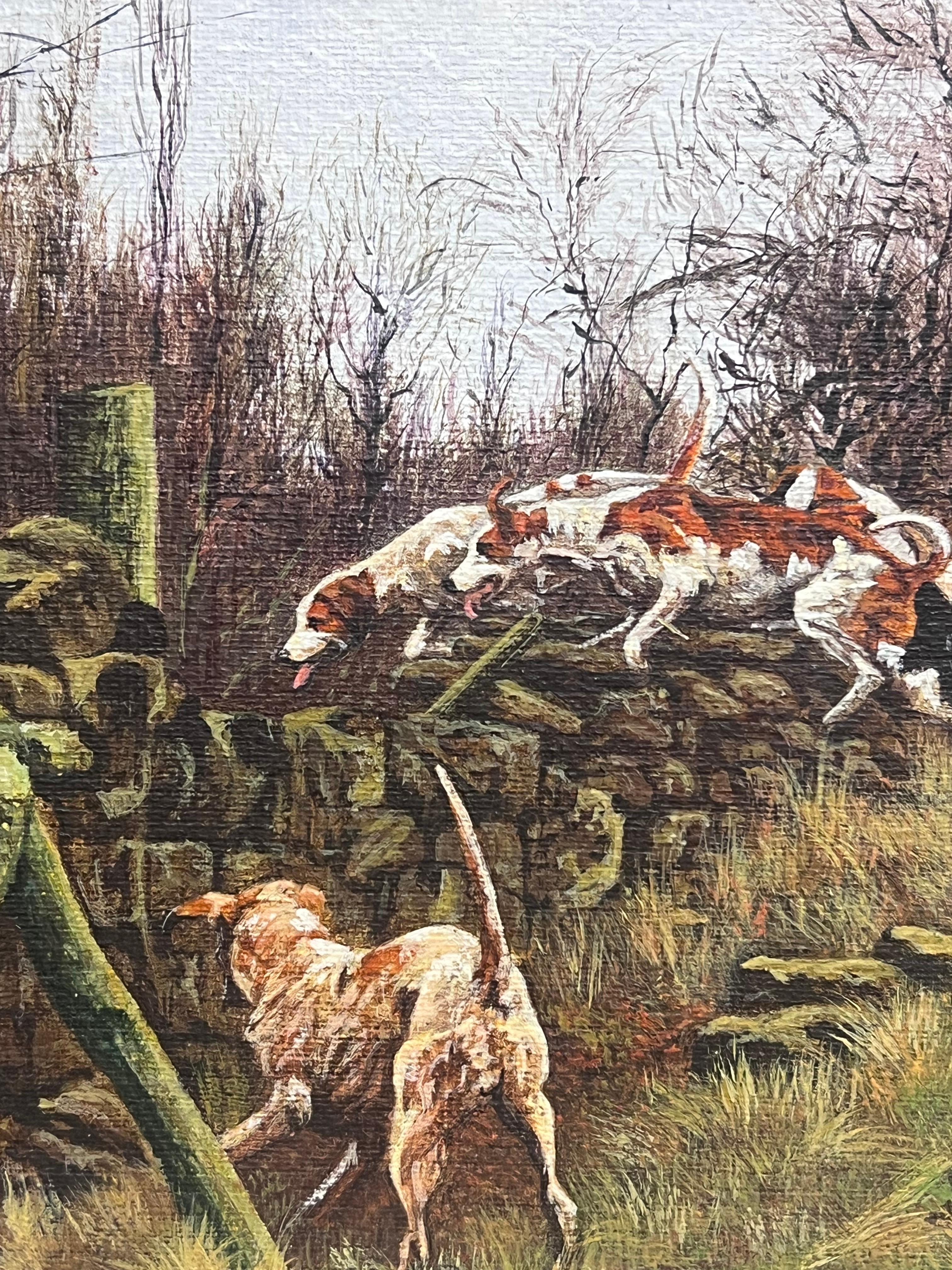 Fox Hounds Hunting through English Countryside Signed Sporting Art Oil Painting - Black Landscape Painting by English Sporting Artist