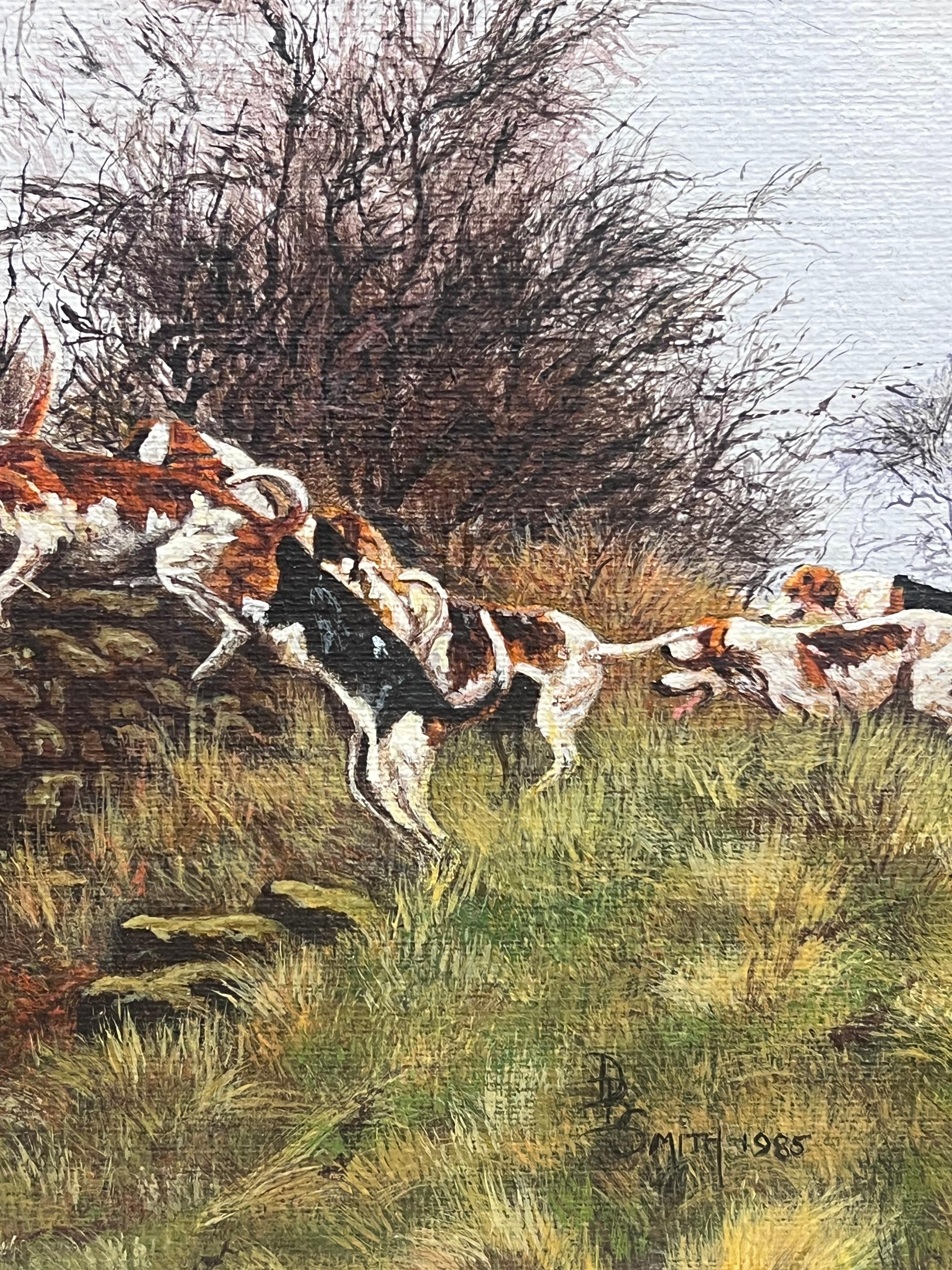 Fox Hounds Hunting through English Countryside Signed Sporting Art Oil Painting For Sale 2