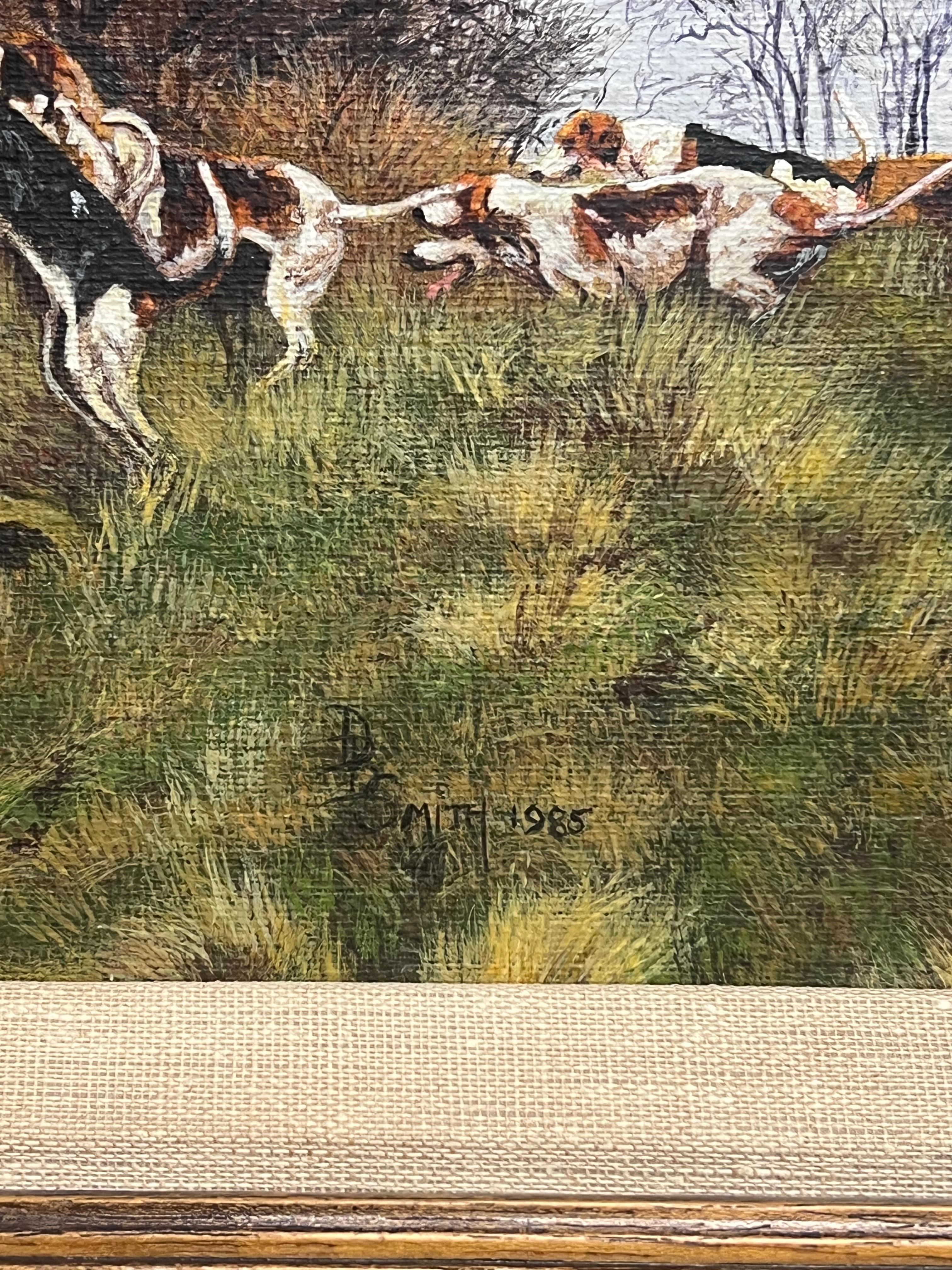 Fox Hounds Hunting through English Countryside Signed Sporting Art Oil Painting For Sale 3