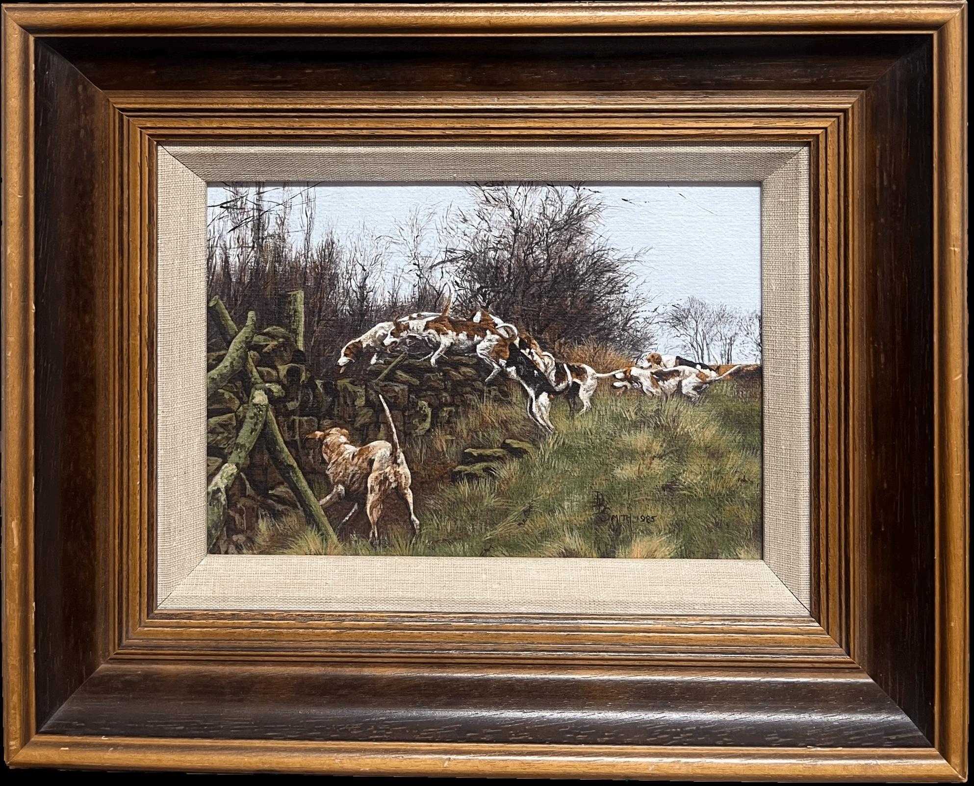 English Sporting Artist Landscape Painting - Fox Hounds Hunting through English Countryside Signed Sporting Art Oil Painting
