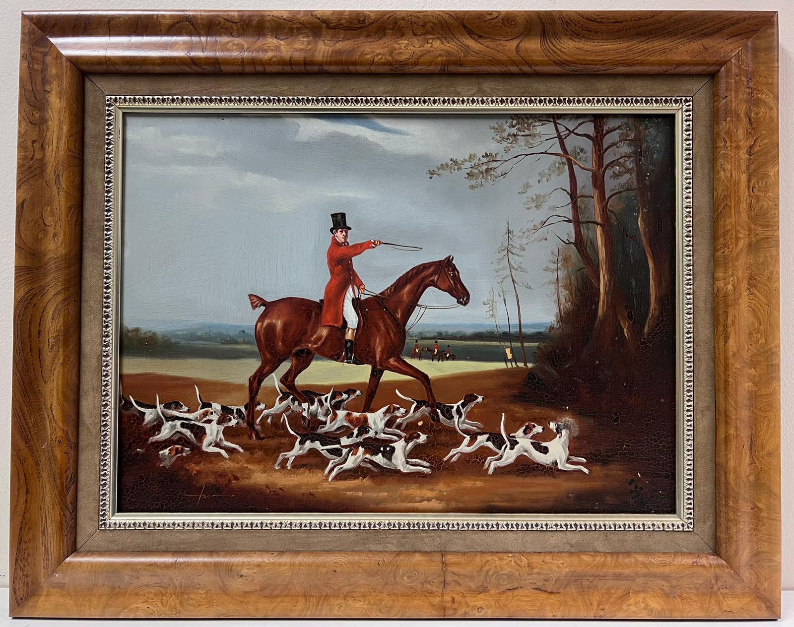 Huntsman on Horseback with his Hounds English Sporting Art Oil Painting - Black Animal Painting by English Sporting Artist