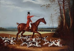 Antique Huntsman on Horseback with his Hounds English Sporting Art Oil Painting