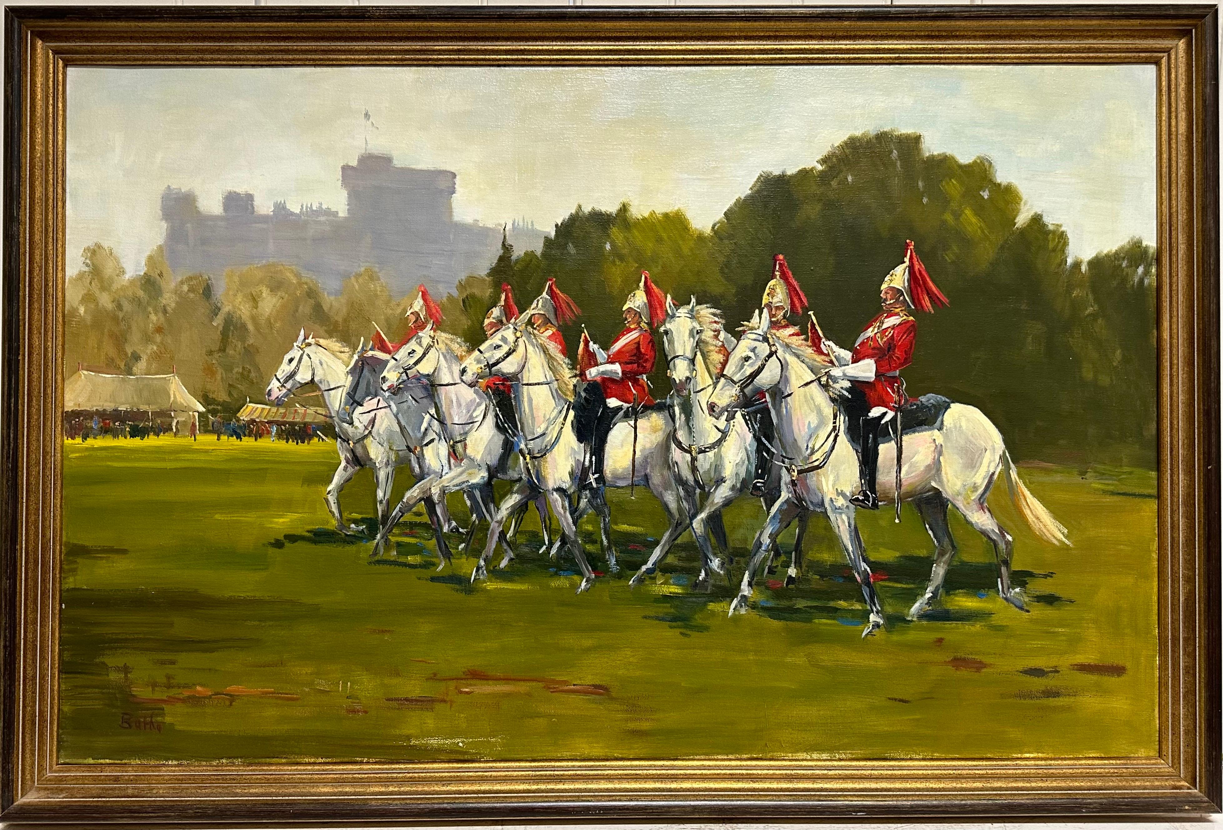 English Sporting Artist Figurative Painting - Life Guards on Horseback Windsor Castle England Large British Oil Painting