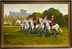 Vintage Life Guards on Horseback Windsor Castle England Large British Oil Painting 
