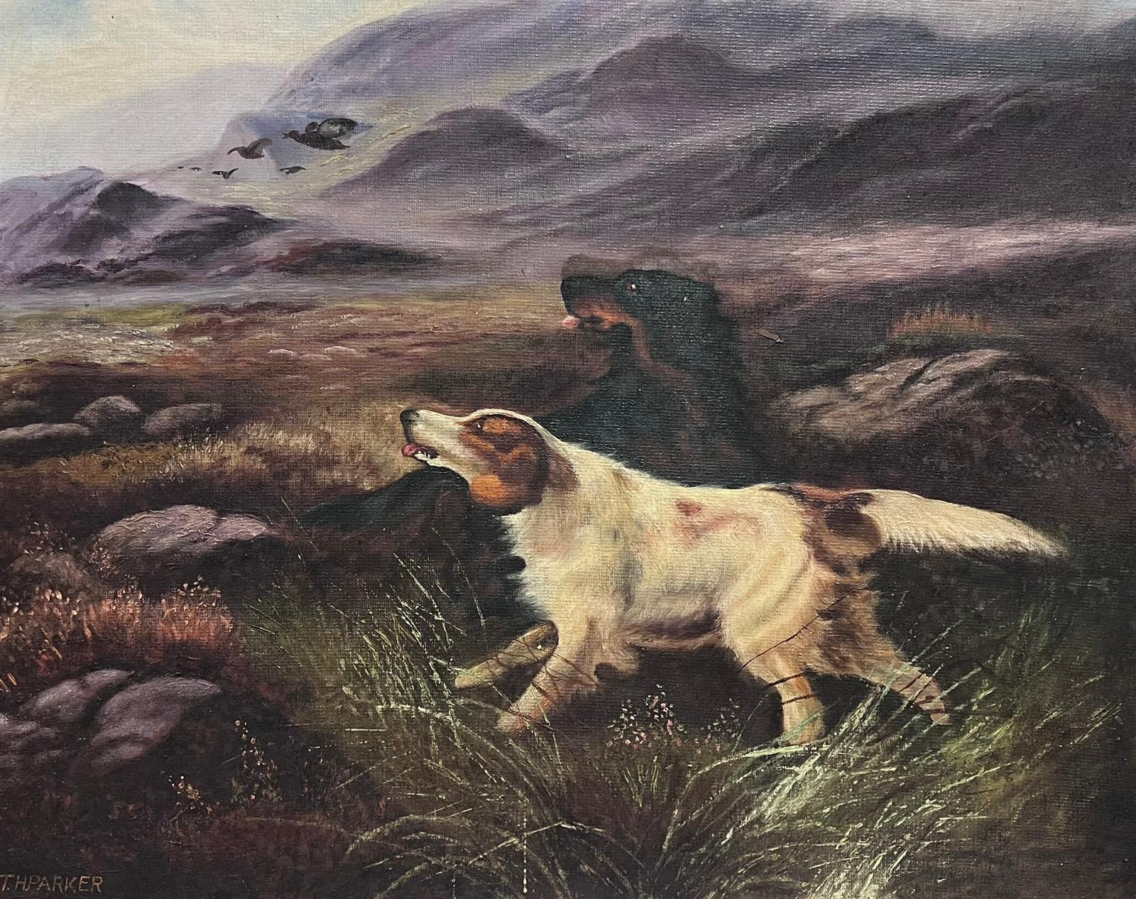 Peinture à l'huile anglaise « Red Setter Dogs Hunting in Scottish Highland Moors » signée