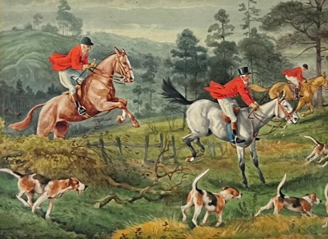 Ensemble de 3 tableaux anciens de chasse au renard, vers 1920 - École anglaise Painting par English Sporting Artist