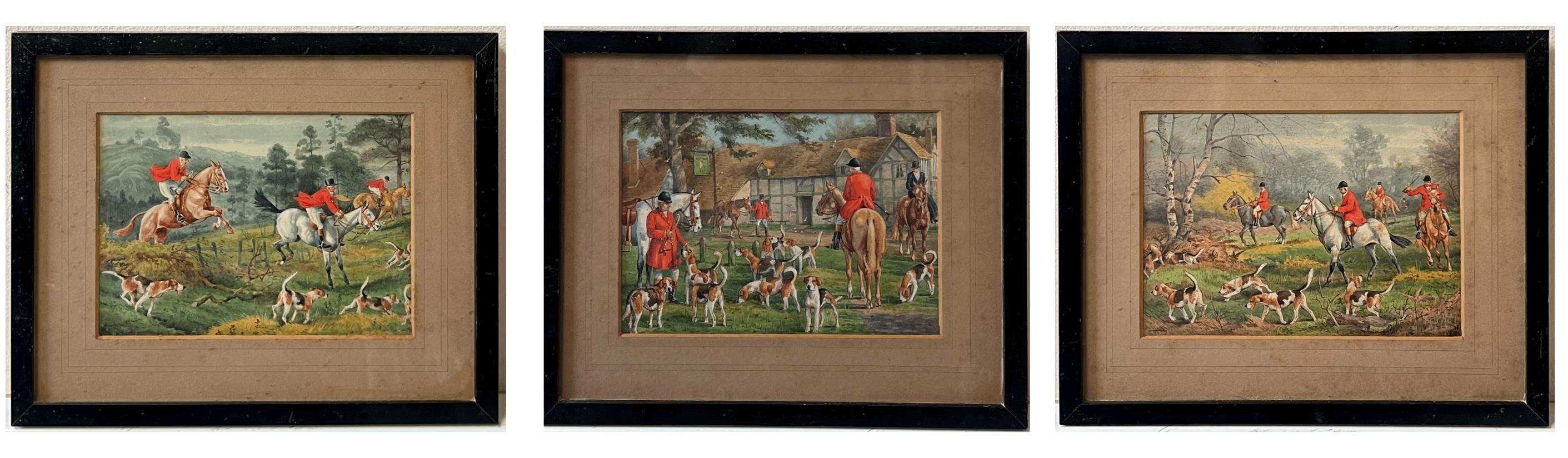 Ensemble de 3 tableaux anciens de chasse au renard, vers 1920