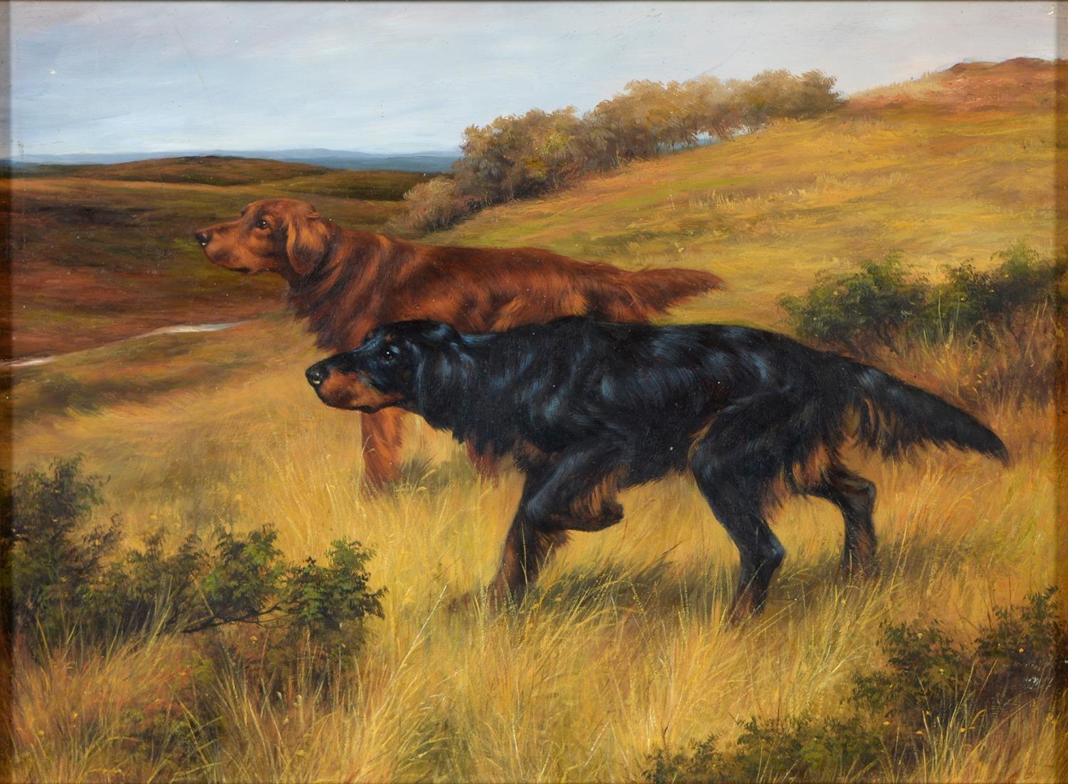 English Sporting Artist Animal Painting - Setter Dogs Hunting in Moorland Landscape English Sporting Art Oil Painting
