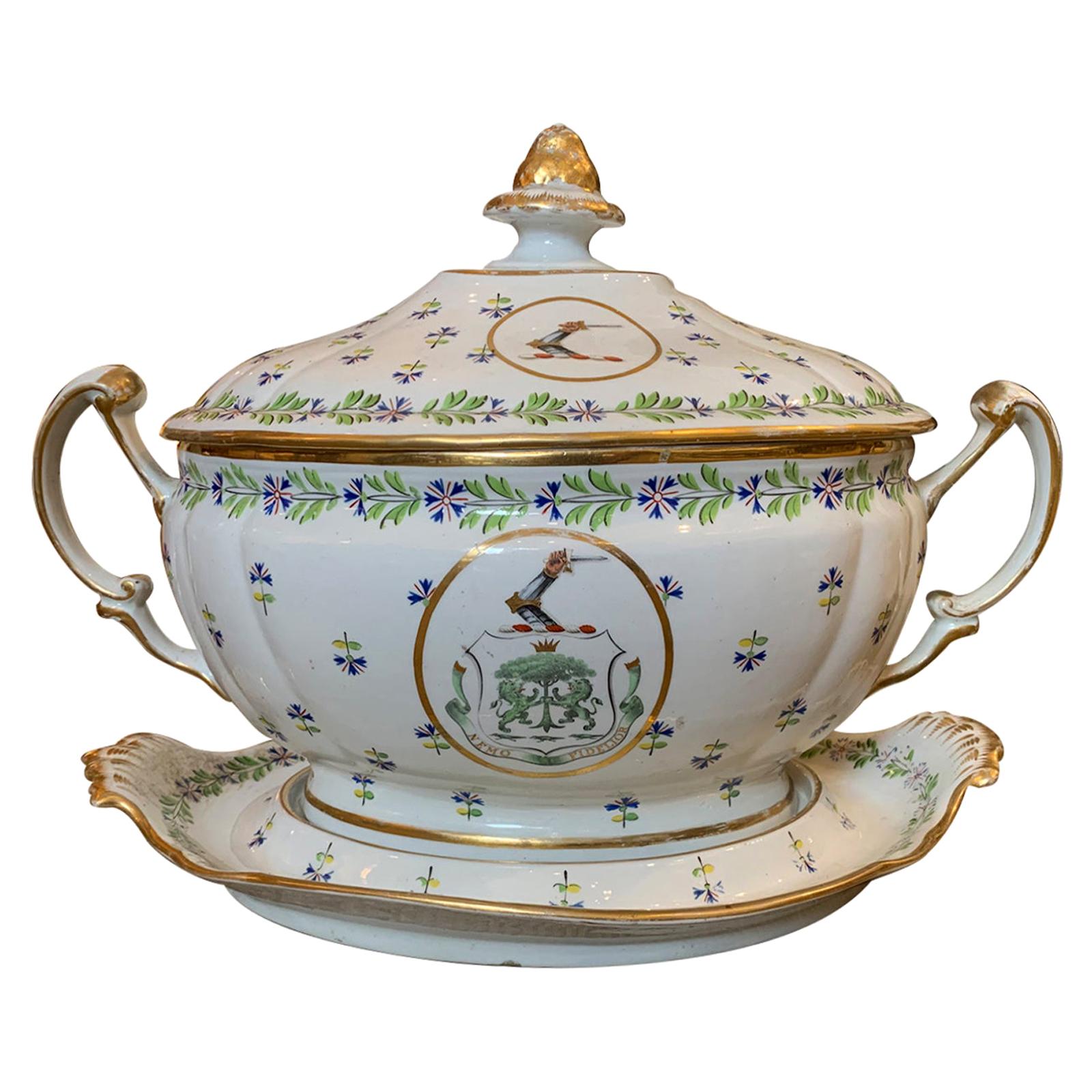 English Sprig Tureen by Chamberlain Worcester, Marked, Nemo Fidelier, circa 1810 For Sale