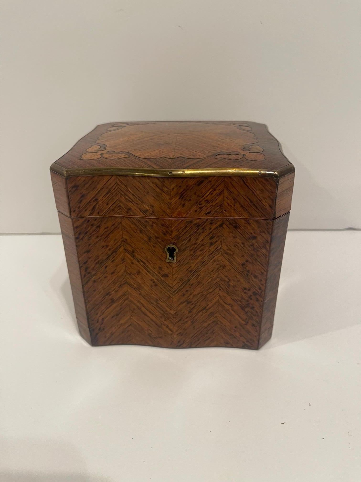 English Square Burl Tea Caddy Brass Stringing and Interior Lid, 19th Century In Good Condition For Sale In Savannah, GA