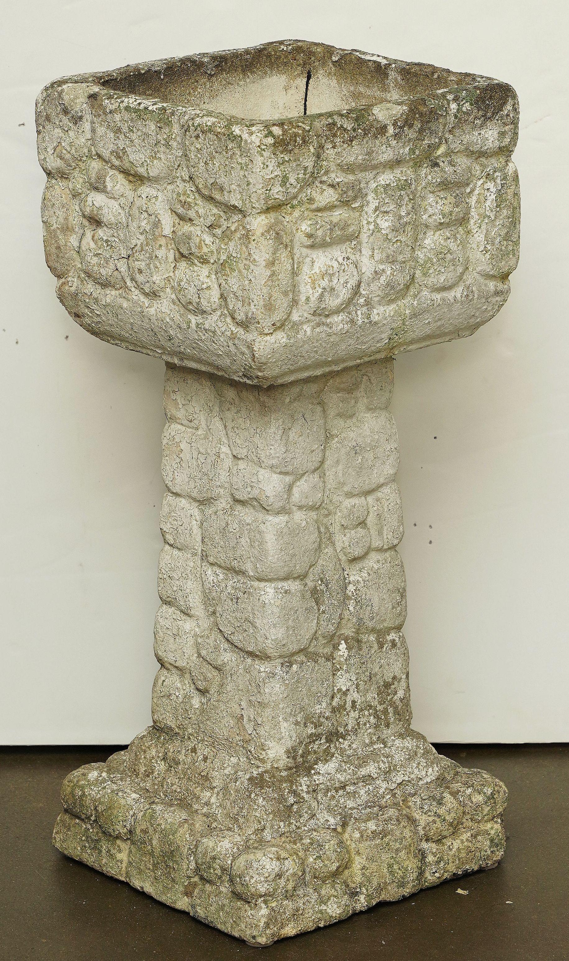 Stone English Square Pedestal Garden Planters with Cobblestone Relief (Four Available) For Sale