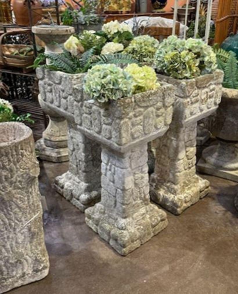 English Square Pedestal Garden Planters with Cobblestone Relief (Four Available) For Sale 2