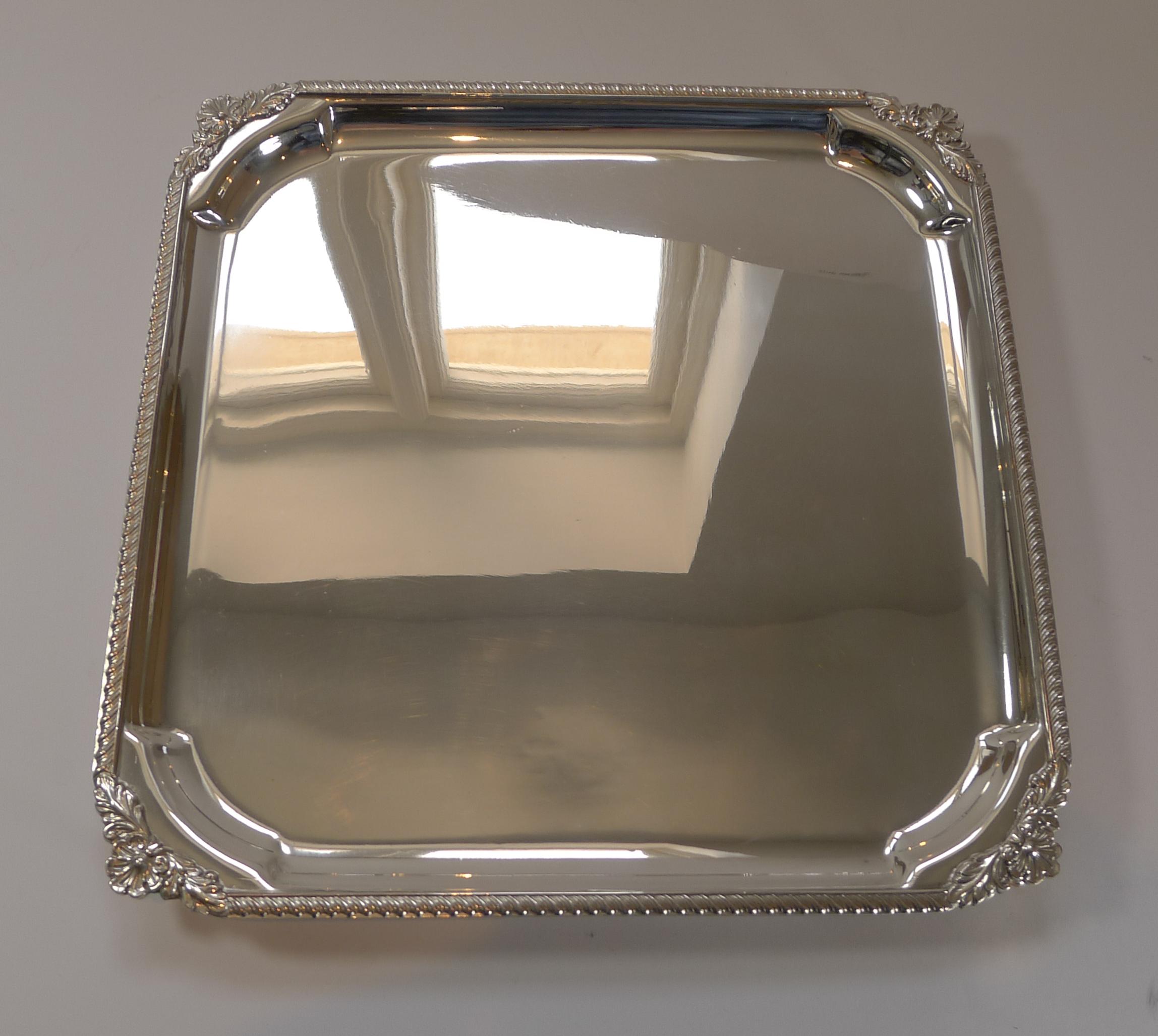 Art Deco English Square Silver Plate Cocktail Tray / Serving Salver, c.1930