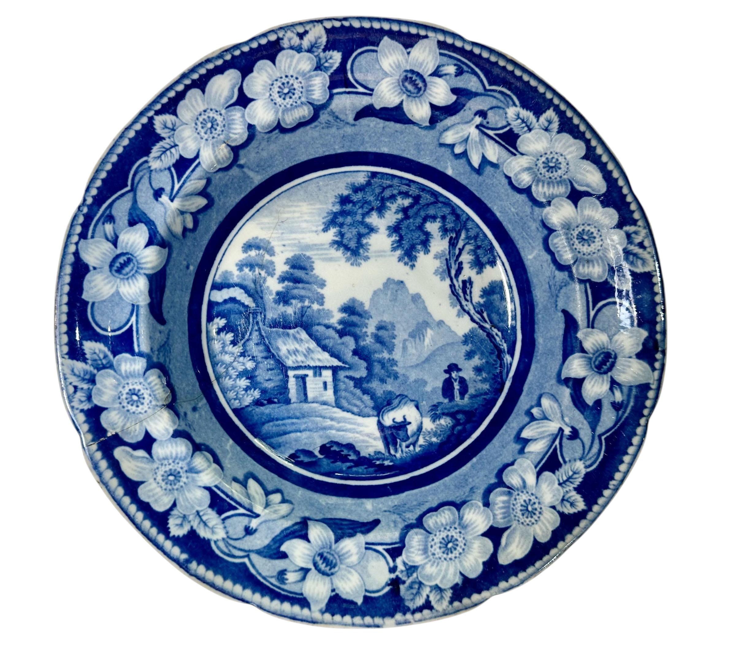 Englische Staffordshire-Teller in Blau und Weiß (Porzellan) im Angebot
