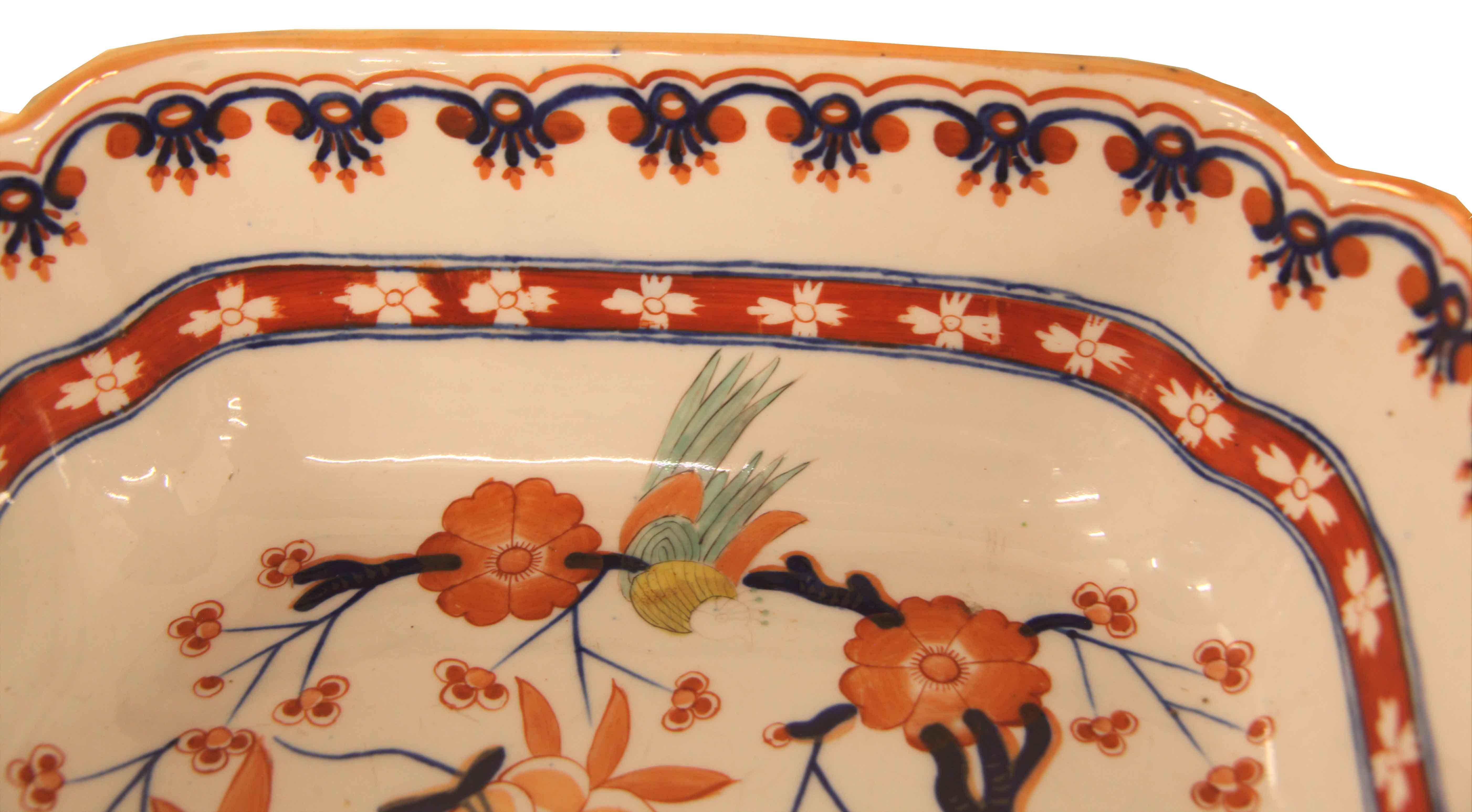 English Staffordshire bowl, this early 19th century bowl is likely from the Spode factory ,  the corners are ''pinched'' , the inner border features two repeating patterns , the upper pattern of stylized acorns and the lower pattern of stylized