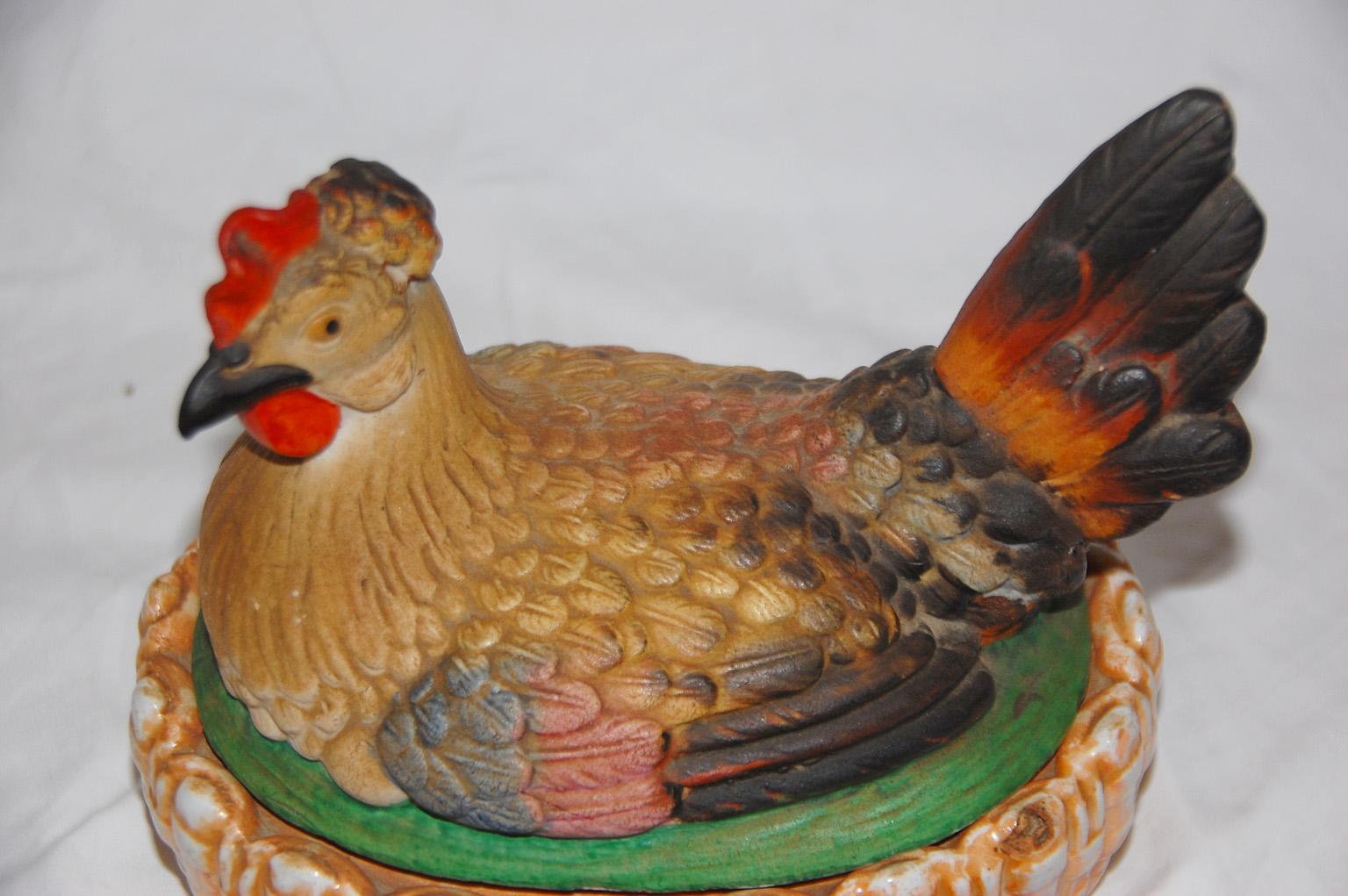 Victorian English Staffordshire Chicken on a Basket from the Mid-19th Century