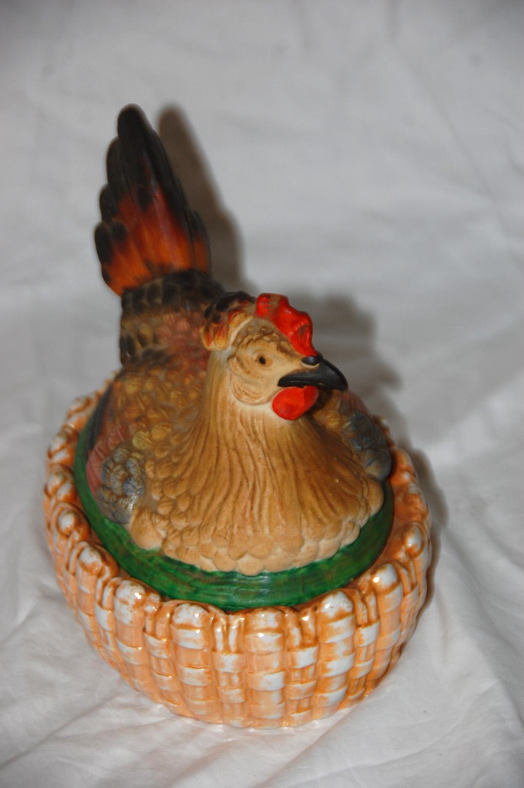 Hand-Painted English Staffordshire Chicken on a Basket from the Mid-19th Century