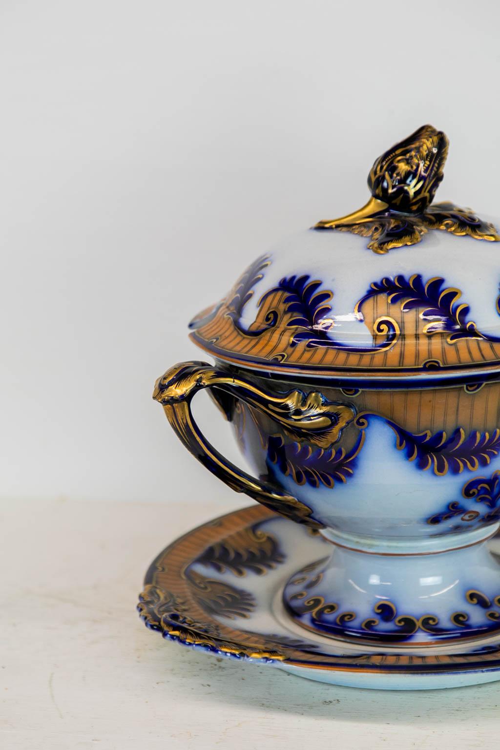 Porcelain English Staffordshire Flow Blue Soup Tureen and Base For Sale