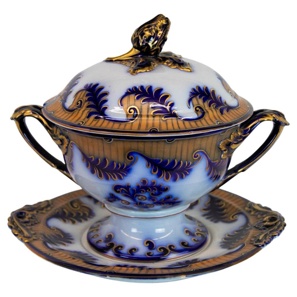 English Staffordshire Flow Blue Soup Tureen and Base For Sale