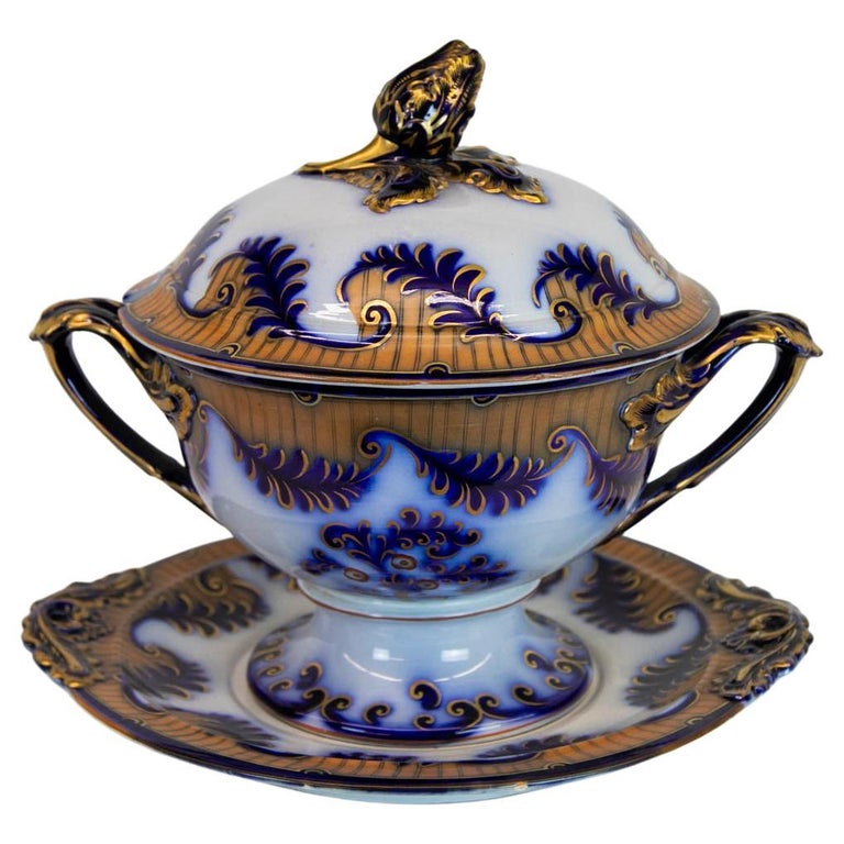 English Staffordshire Flow Blue Soup Tureen and Base For Sale at 1stDibs