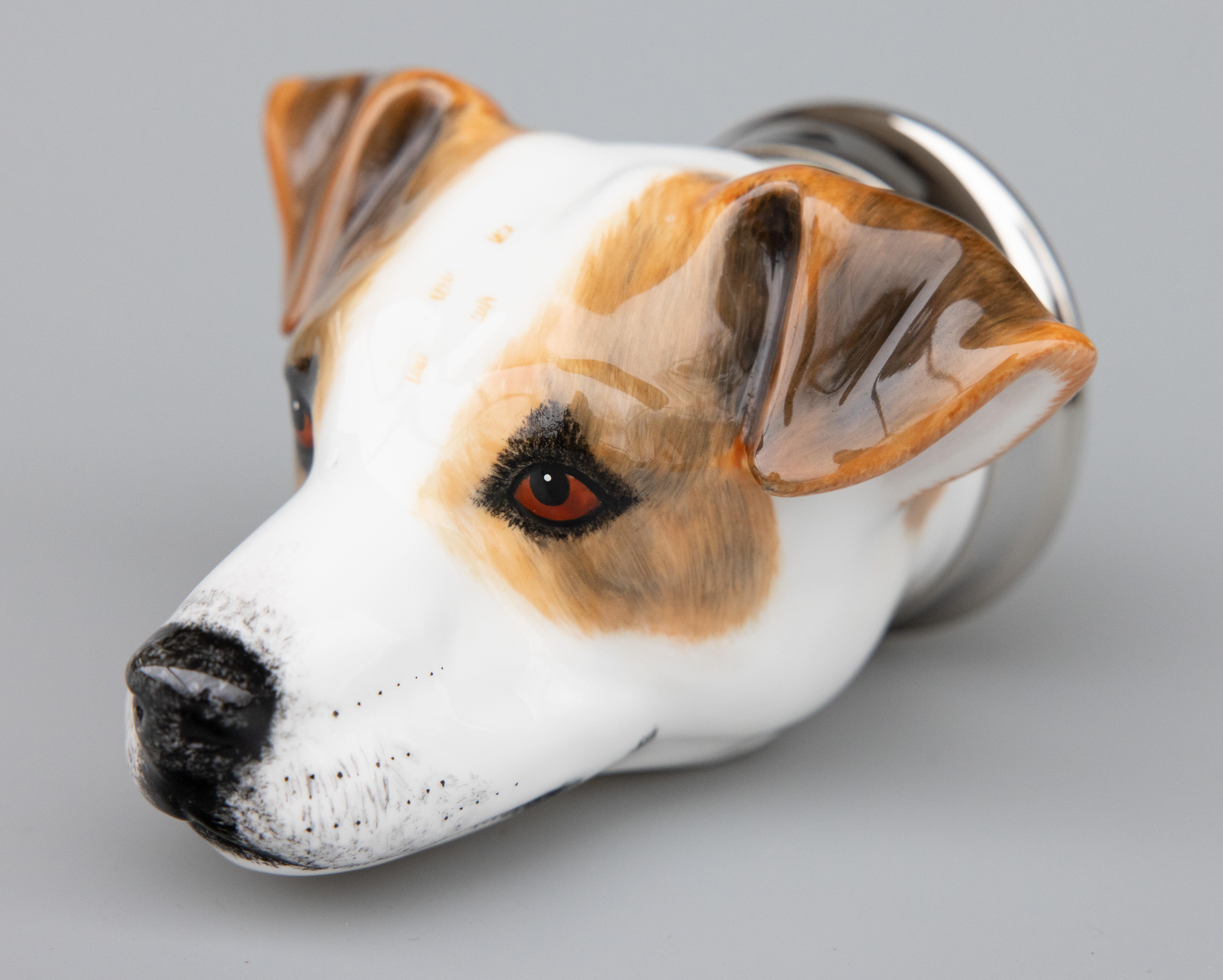 Hand-Painted English Staffordshire Jack Russell Terrier Dog Equestrian Stirrup Cup For Sale