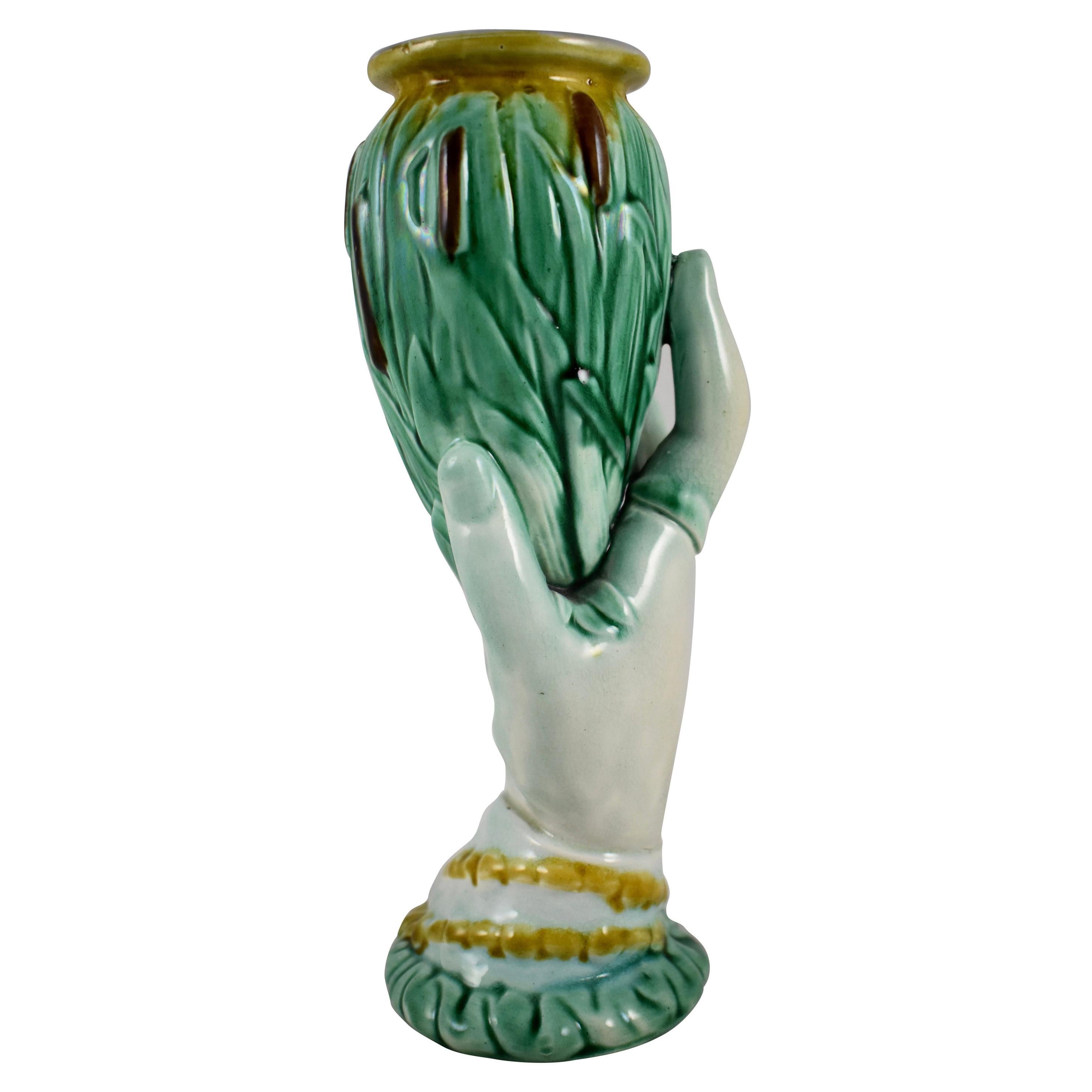 English Staffordshire Majolica Glazed Hand Holding Cattails Spill or Posy Vase For Sale