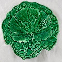 English Staffordshire Majolica Green Strawberry Leaf Bowl