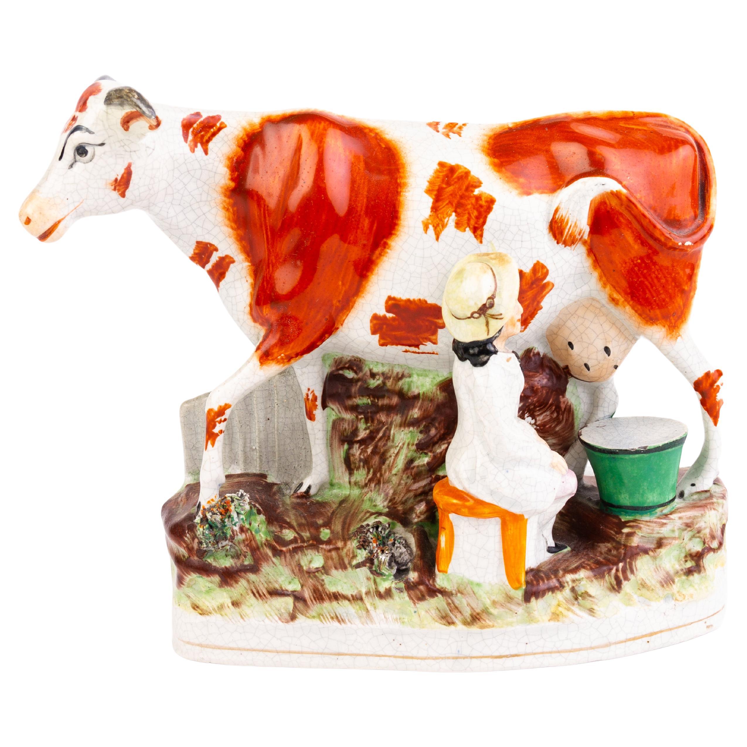 English Staffordshire Polychrome Pottery Cow 19th Century 