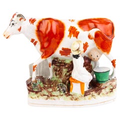 English Staffordshire Polychrome Pottery Cow 19th Century 