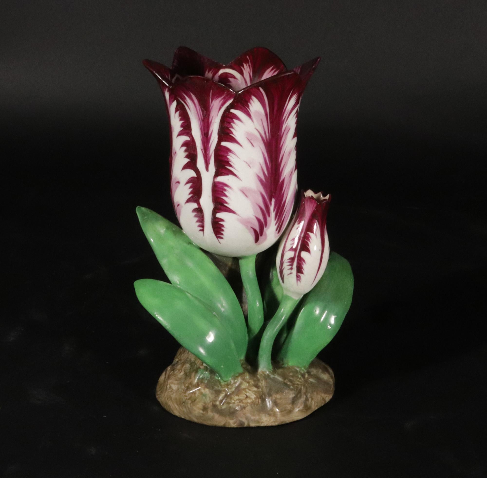 Vase à tulipes en porcelaine anglaise,
Staffordshire,
Circa 1840

Le charmant et rare vase à tulipes en porcelaine est formé d'une fleur entièrement ouverte. La grande tulipe avec des rayures de couleur puce
 avec quatre feuilles vertes et une autre
