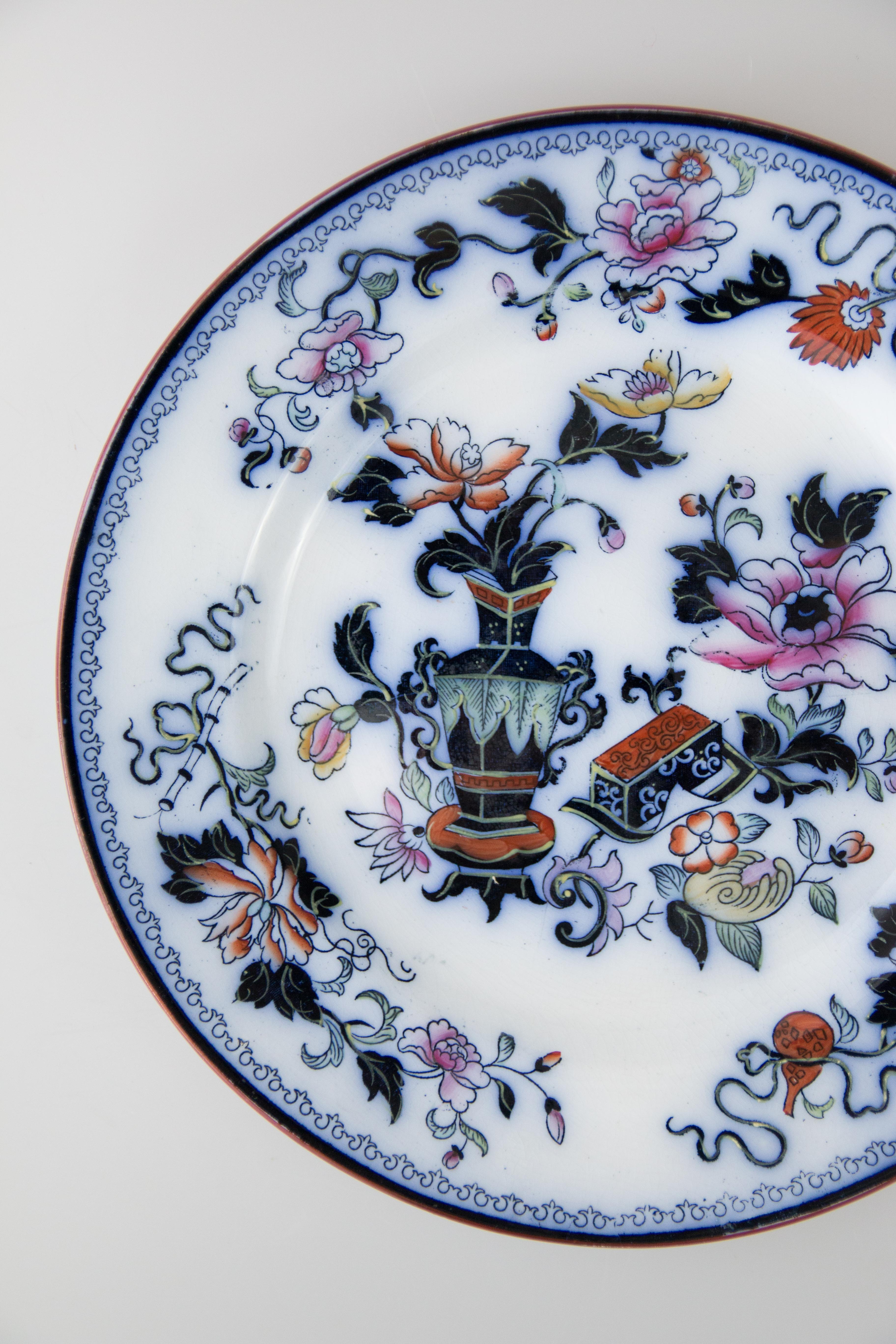 Très belle assiette ancienne en porcelaine de transfert de style chinois du Staffordshire, fabriquée par Ridgway, vers 1870. Marqué 