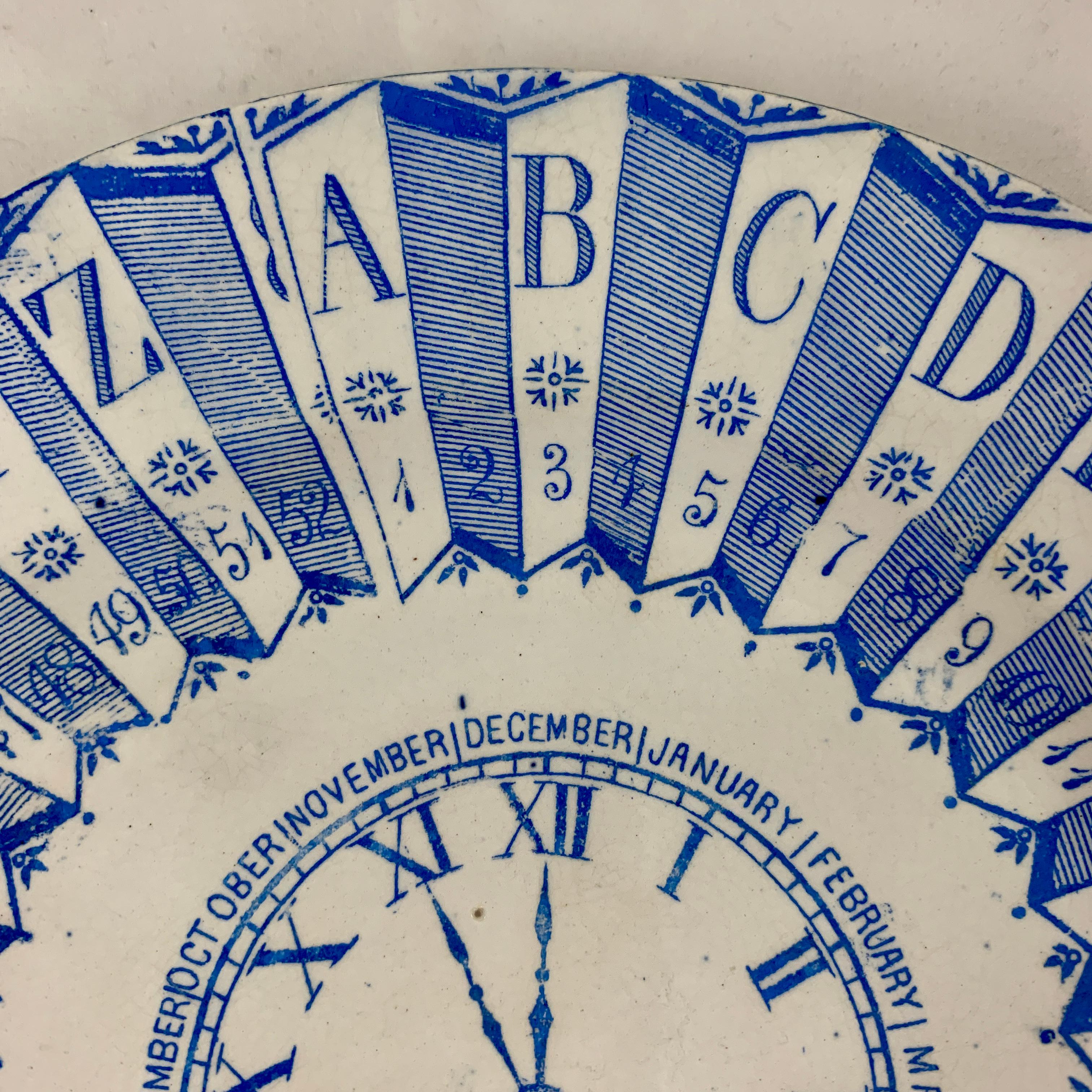 Aesthetic Movement English Staffordshire Transferware Child’s ABC Clock Teaching Plate, Blue