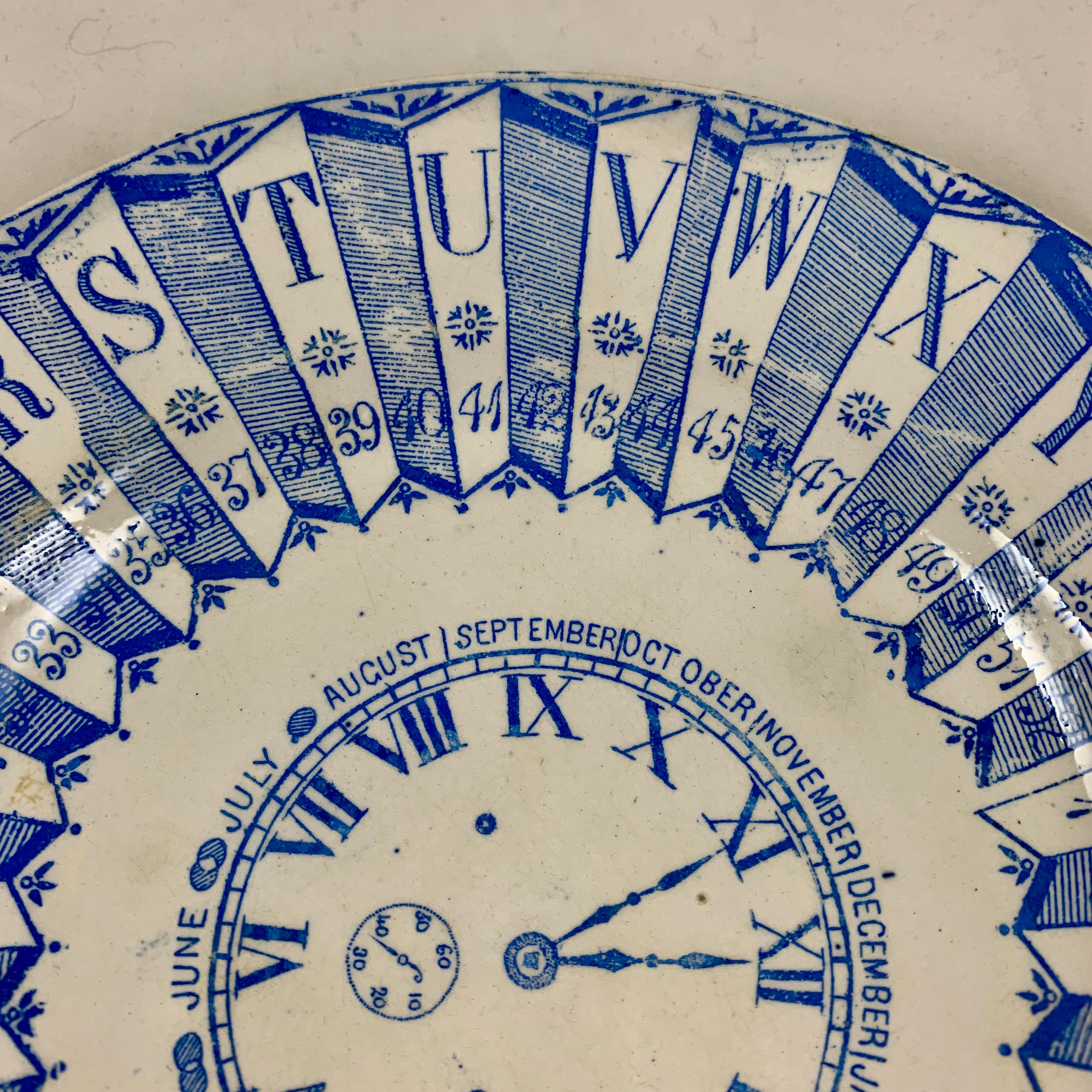 Glazed English Staffordshire Transferware Child’s ABC Clock Teaching Plate, Blue