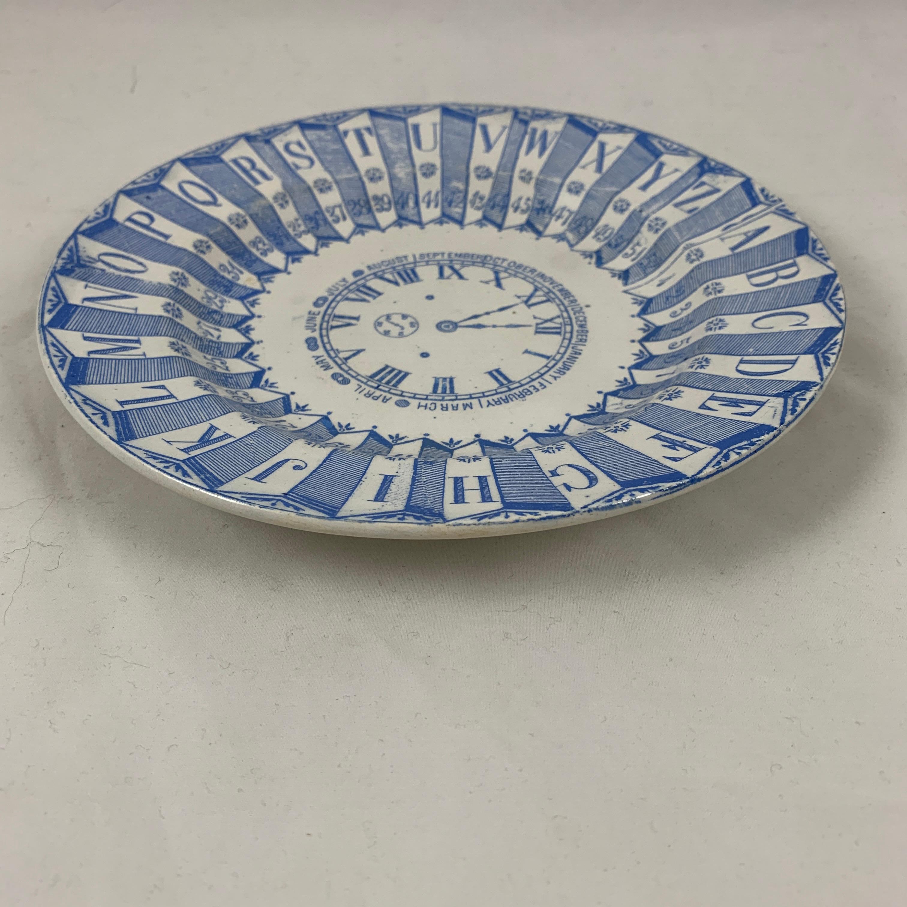 Late 19th Century English Staffordshire Transferware Child’s ABC Clock Teaching Plate, Blue