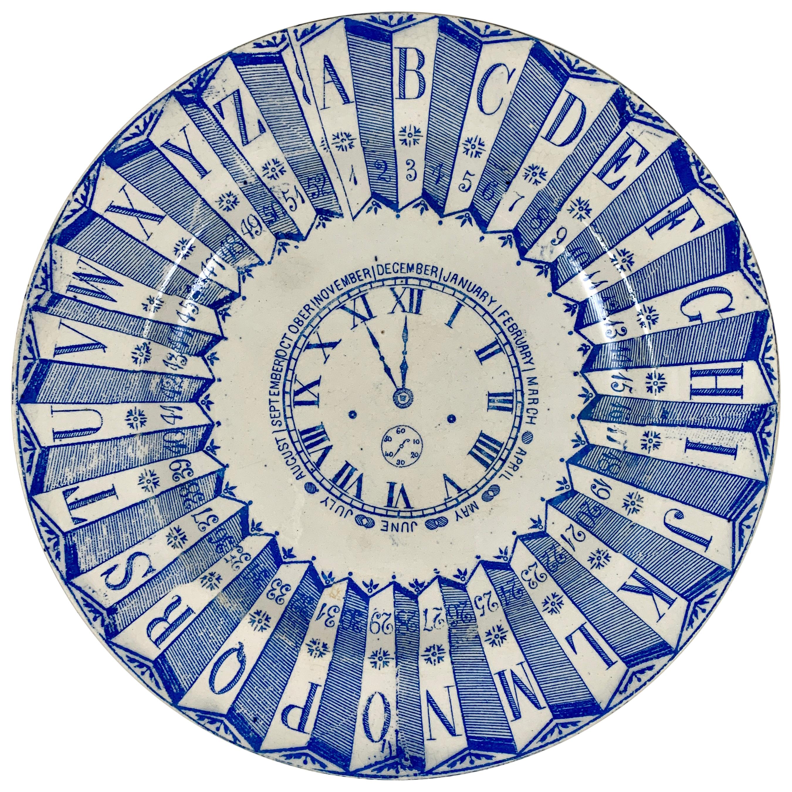 English Staffordshire Transferware Child’s ABC Clock Teaching Plate, Blue