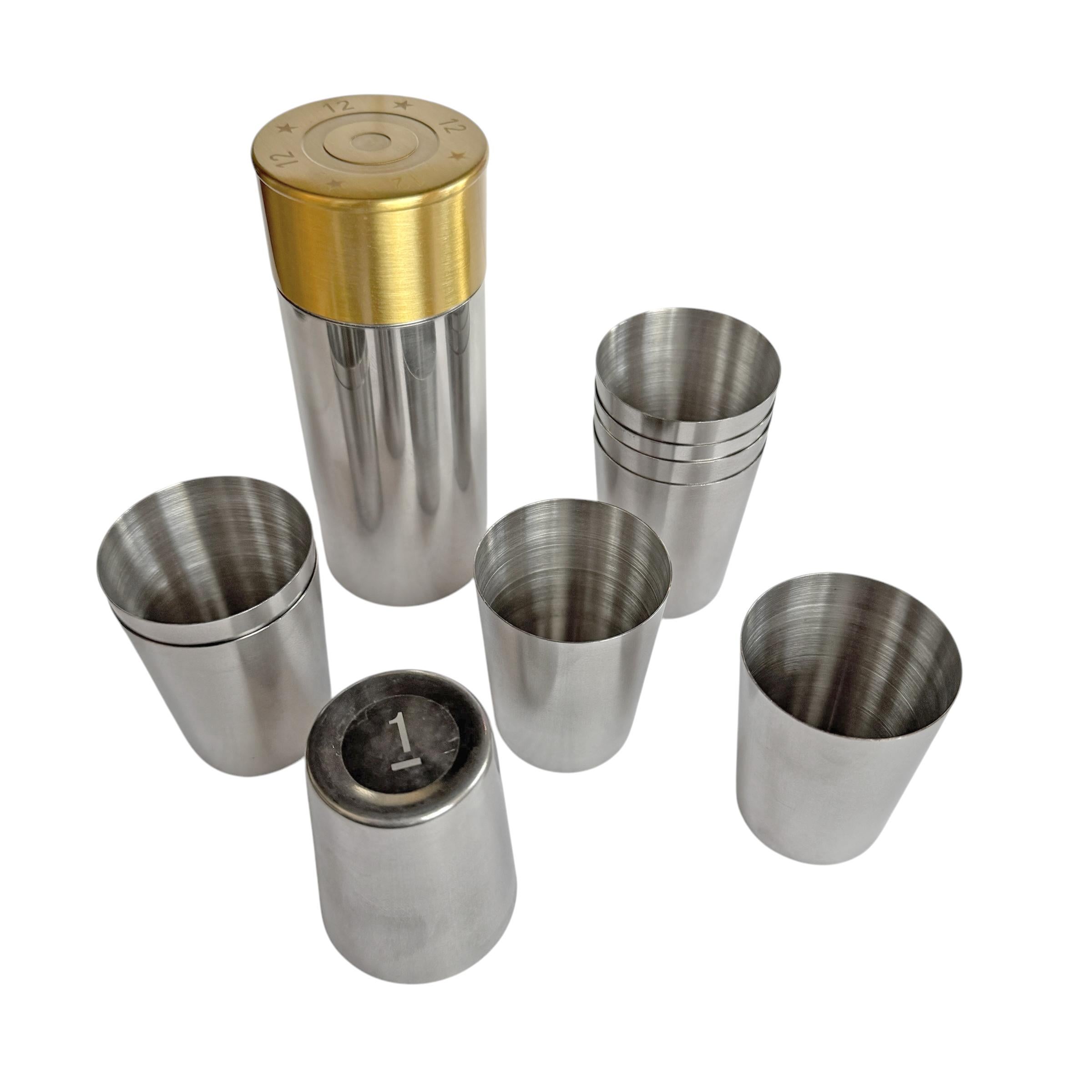 Country English Stainless Steel and Brass Shotgun Shell Shooting Peg Shot Glasses For Sale
