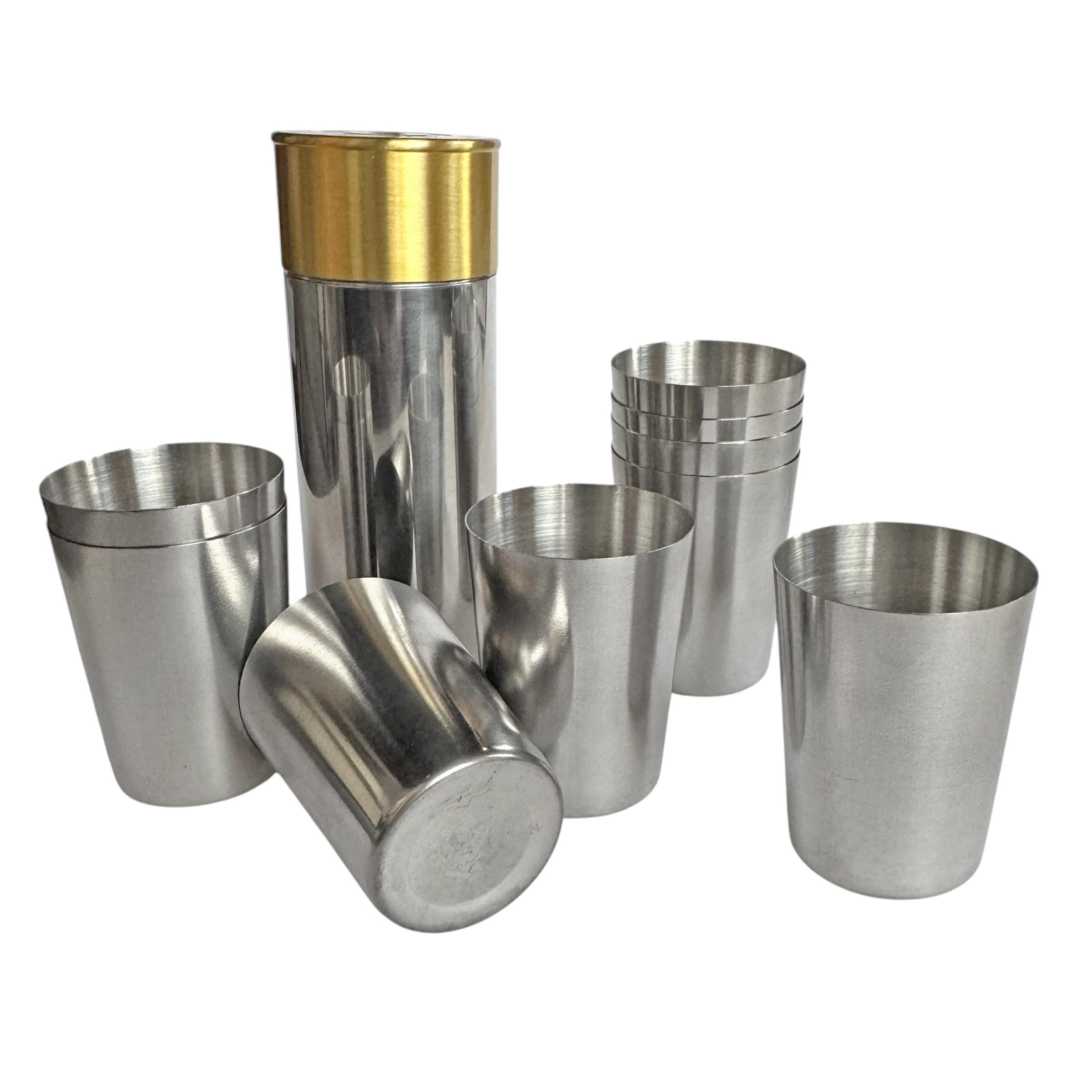 English Stainless Steel and Brass Shotgun Shell Shooting Peg Shot Glasses In Good Condition For Sale In Chicago, IL