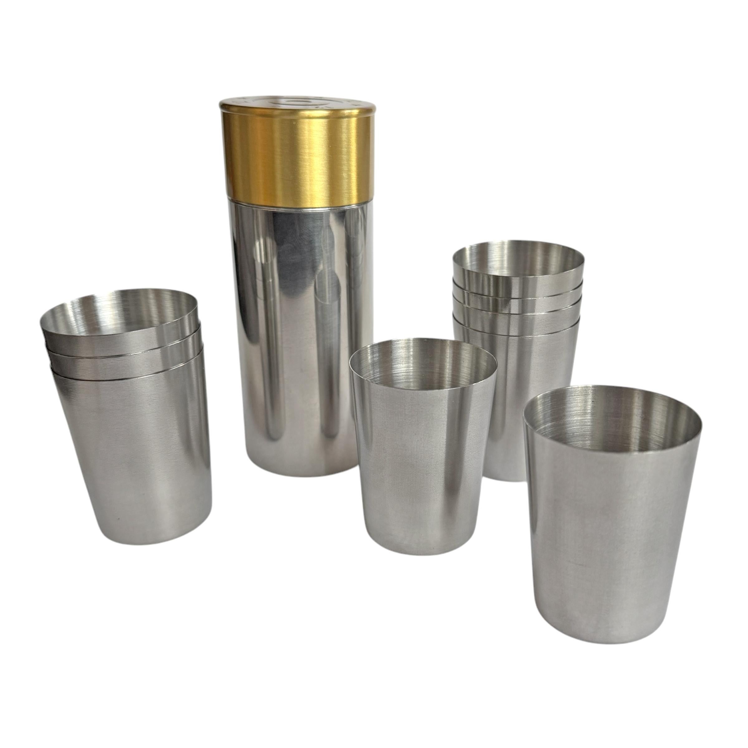 Contemporary English Stainless Steel and Brass Shotgun Shell Shooting Peg Shot Glasses For Sale