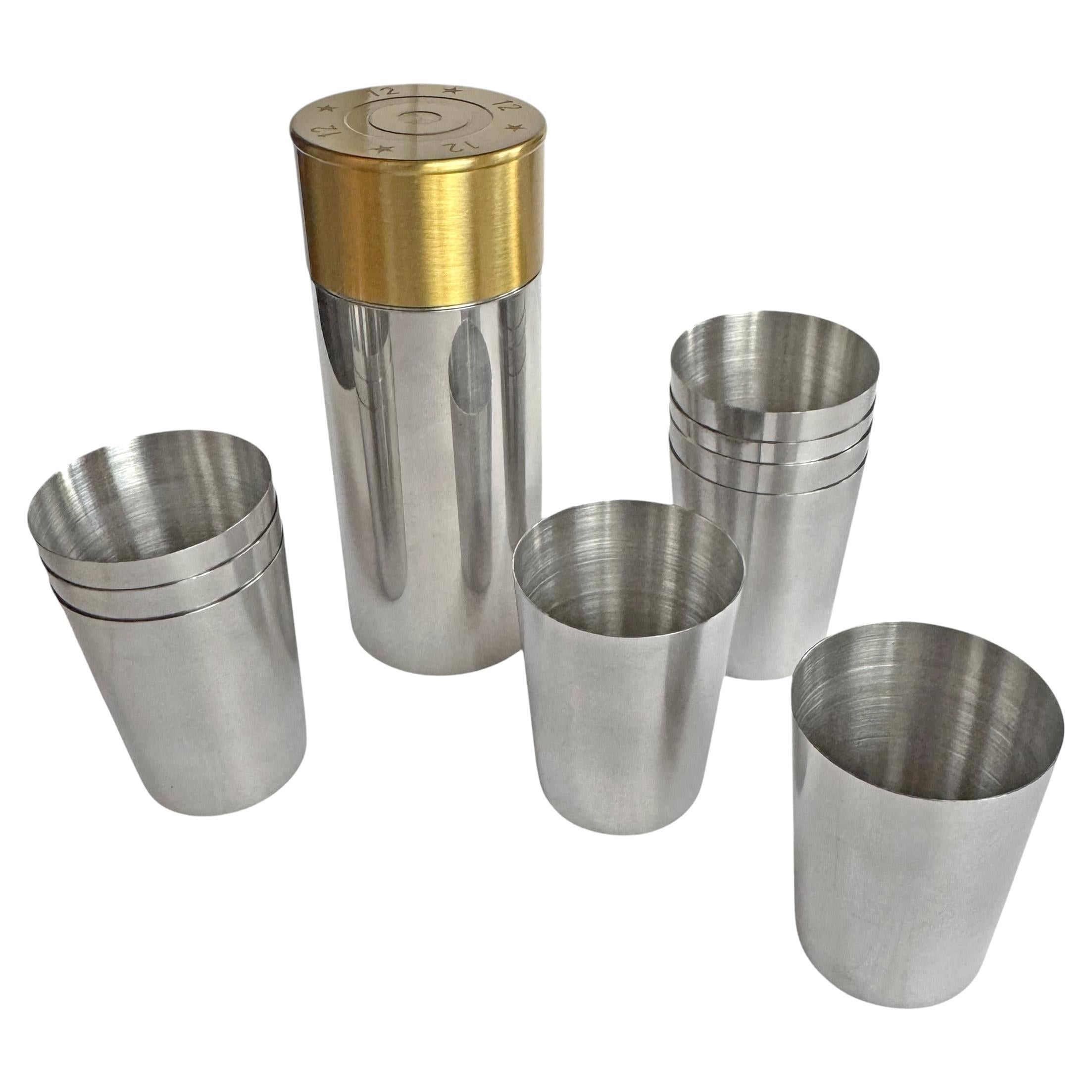 English Stainless Steel and Brass Shotgun Shell Shooting Peg Shot Glasses For Sale